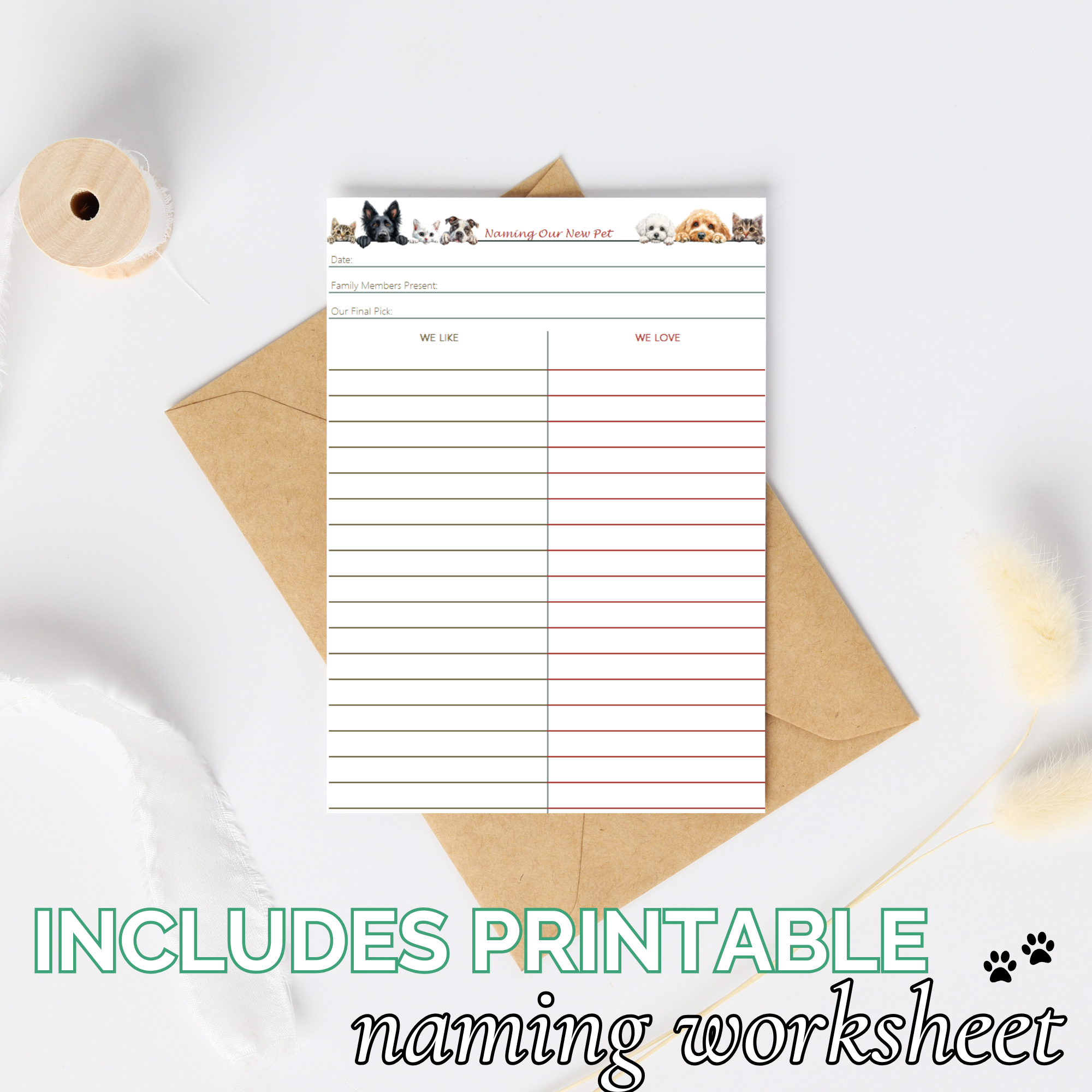 Name Your New Pet With Ease – Free List & Printable Worksheet-Digital Download-Fetch N Found