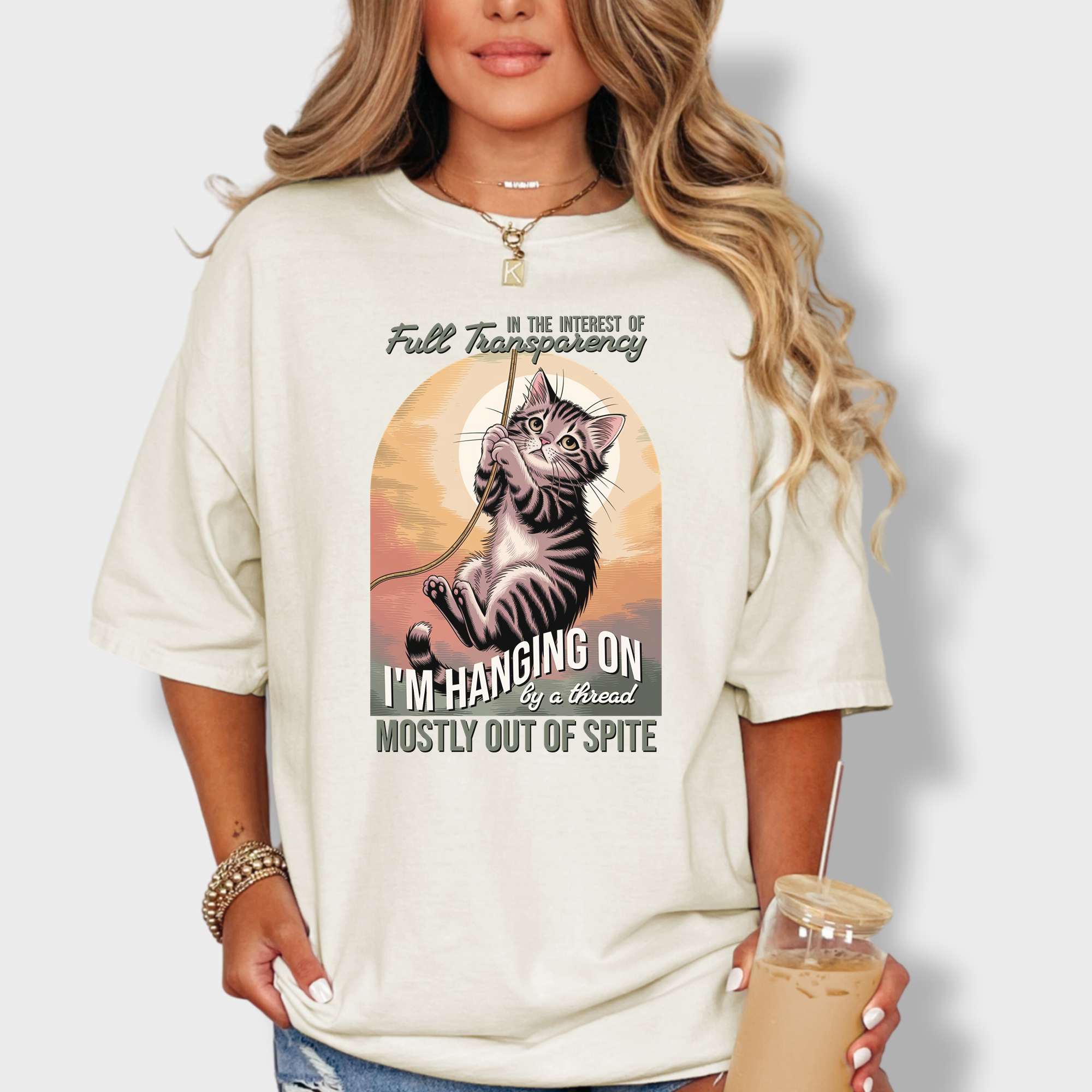 Western Hanging on by a Thread Cat Graphic Comfort Colors T-Shirt in Ivory