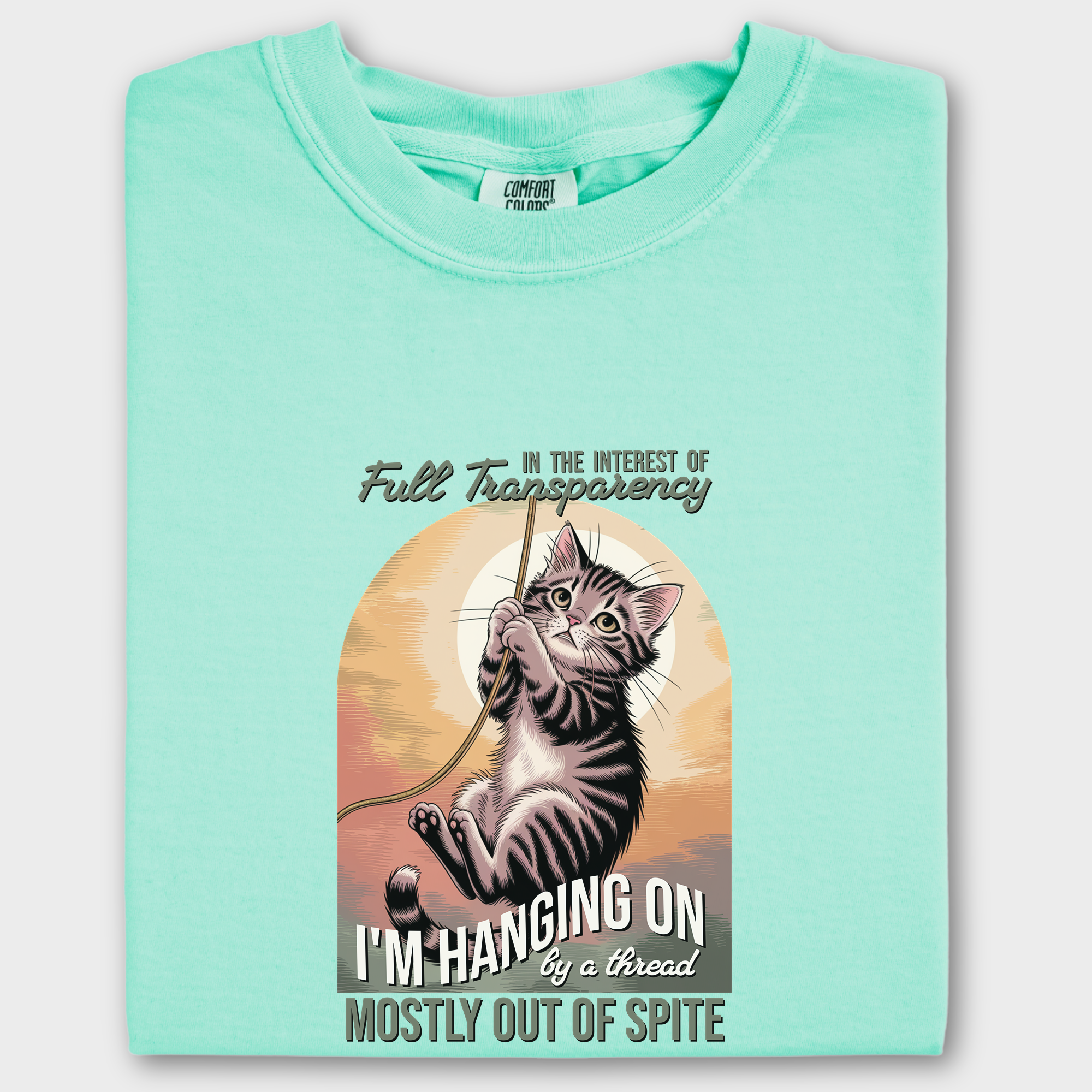 Western Hanging on by a Thread Cat Graphic Comfort Colors T-Shirt in Island Reef