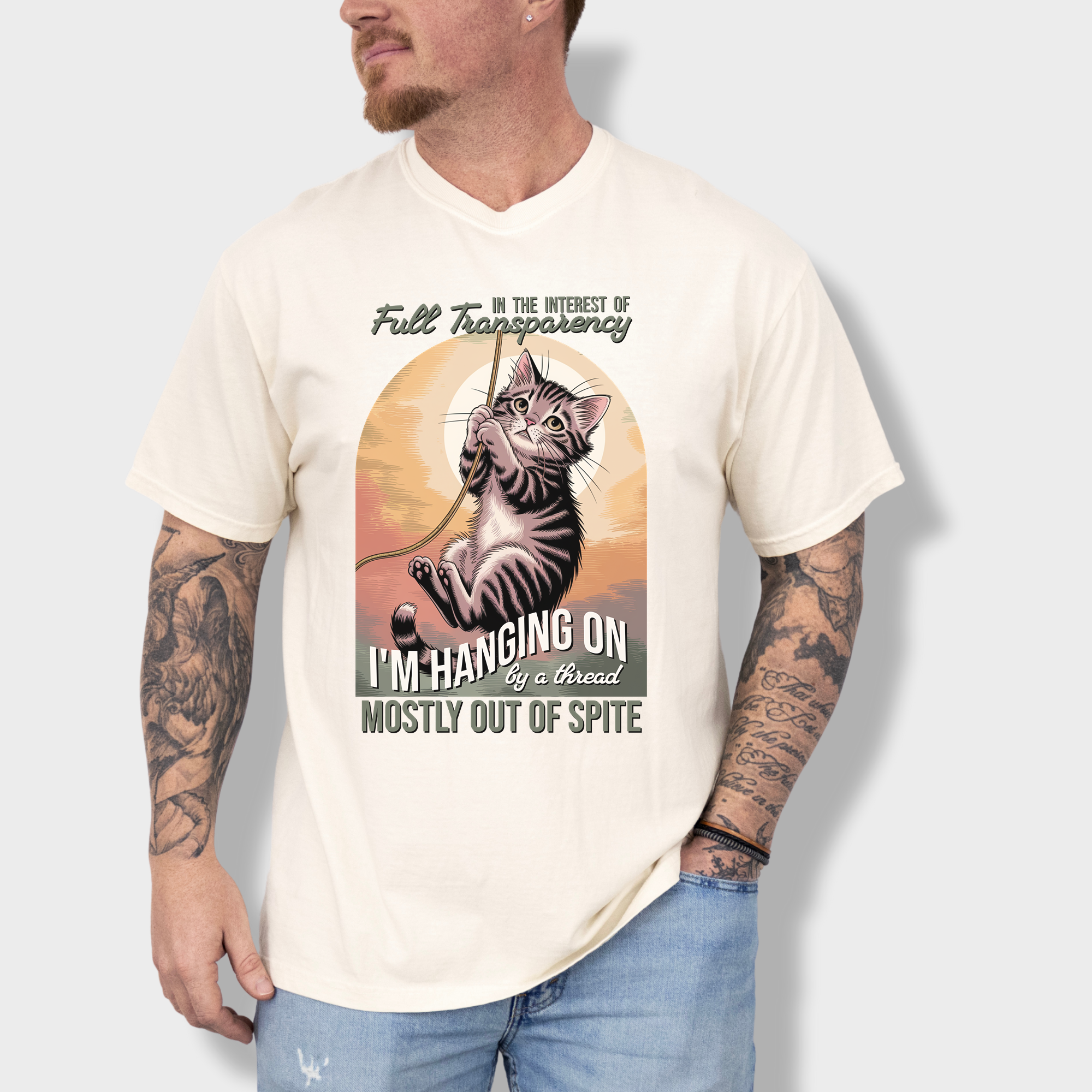 Western Hanging on by a Thread Cat Graphic Comfort Colors T-Shirt in Ivory