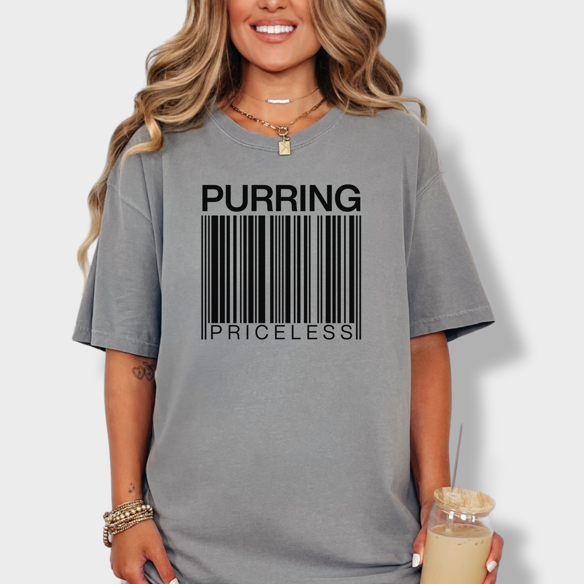 Modern Purring is Priceless Barcode Cat Graphic Comfort Colors T-Shirt in Gray-Fetch N Found
