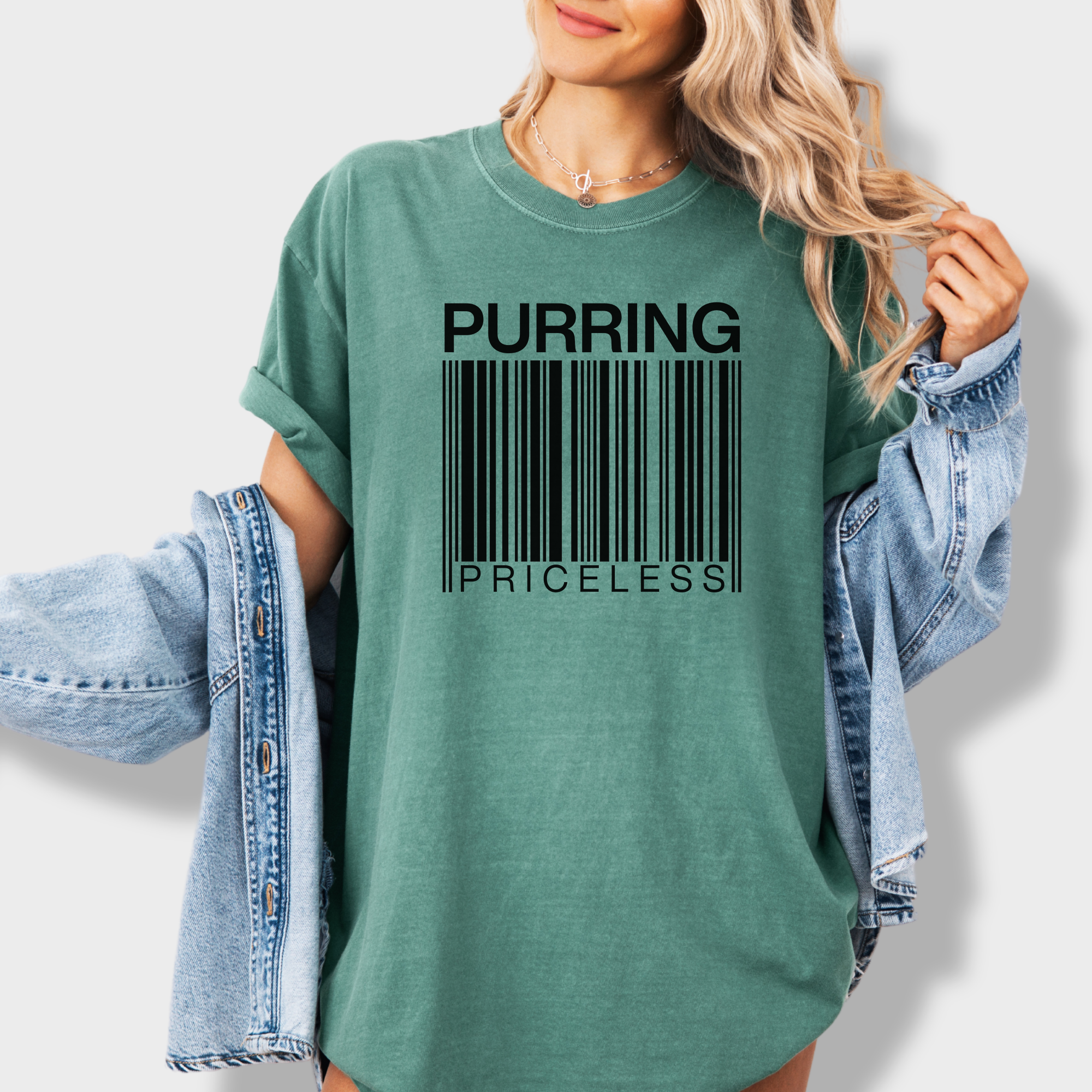 Modern Purring is Priceless Barcode Cat Graphic Comfort Colors T-Shirt in Light Green-Fetch N Found