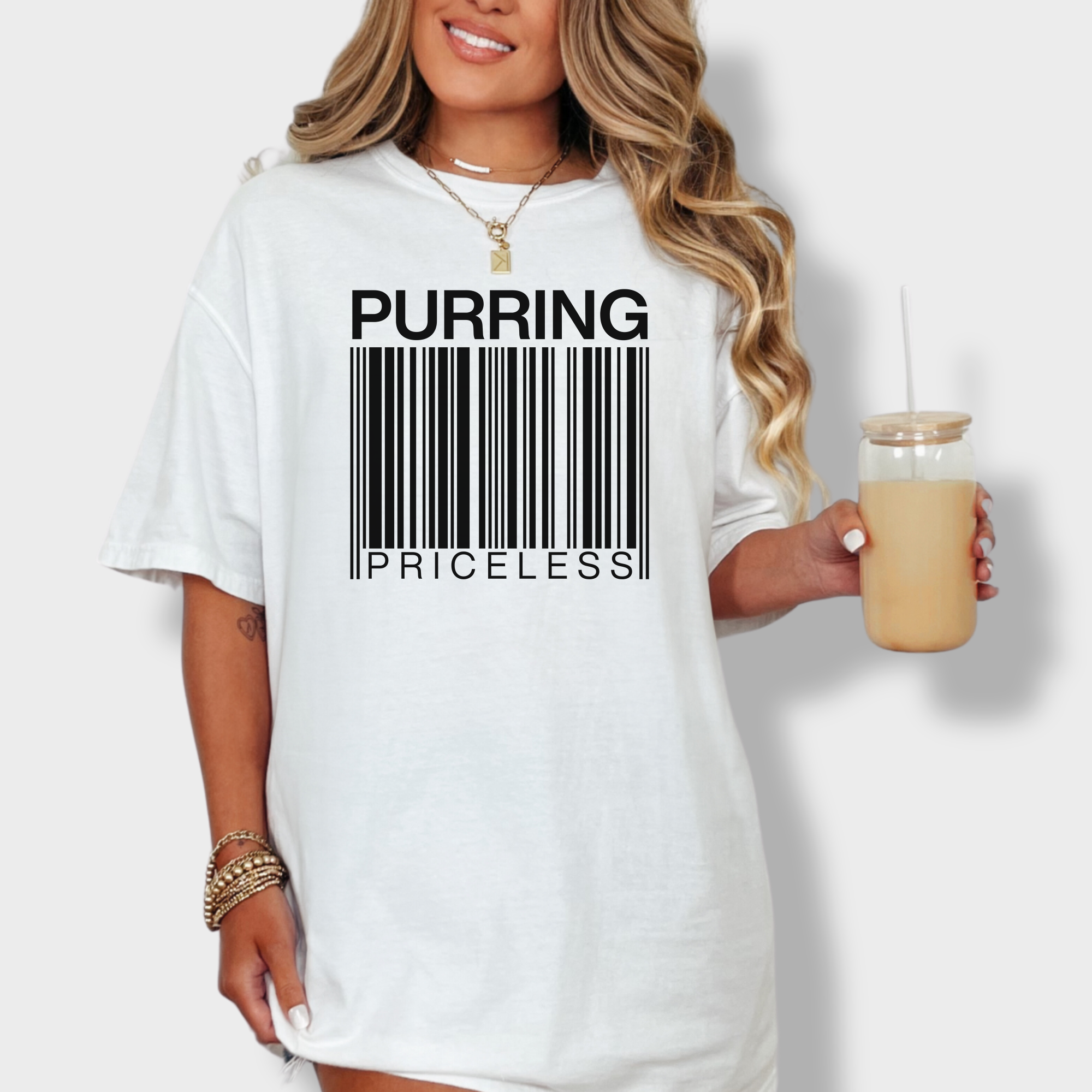 Modern Purring is Priceless Barcode Cat Graphic Comfort Colors T-Shirt in White-Fetch N Found