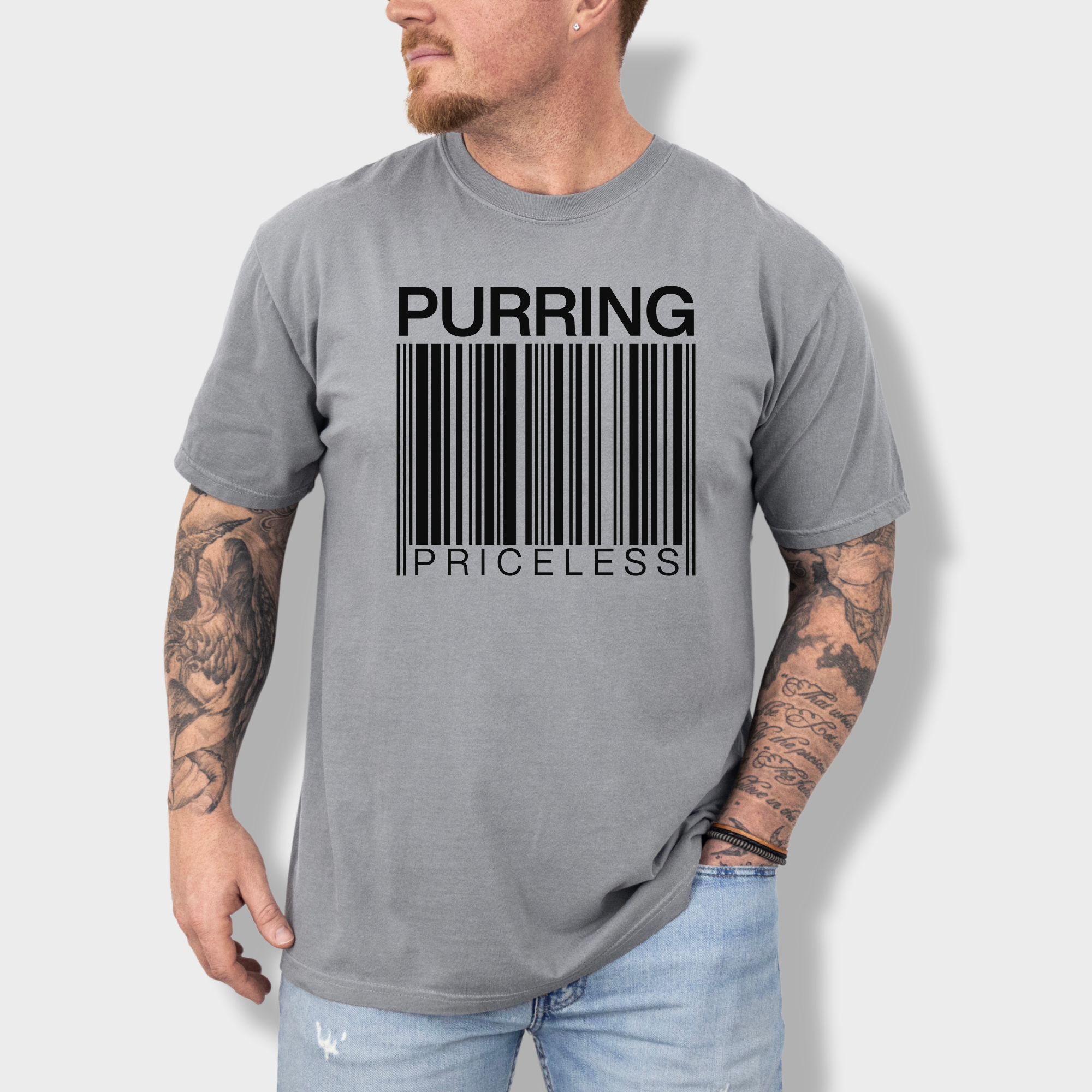 Modern Purring is Priceless Barcode Cat Graphic Comfort Colors T-Shirt in Gray-Fetch N Found