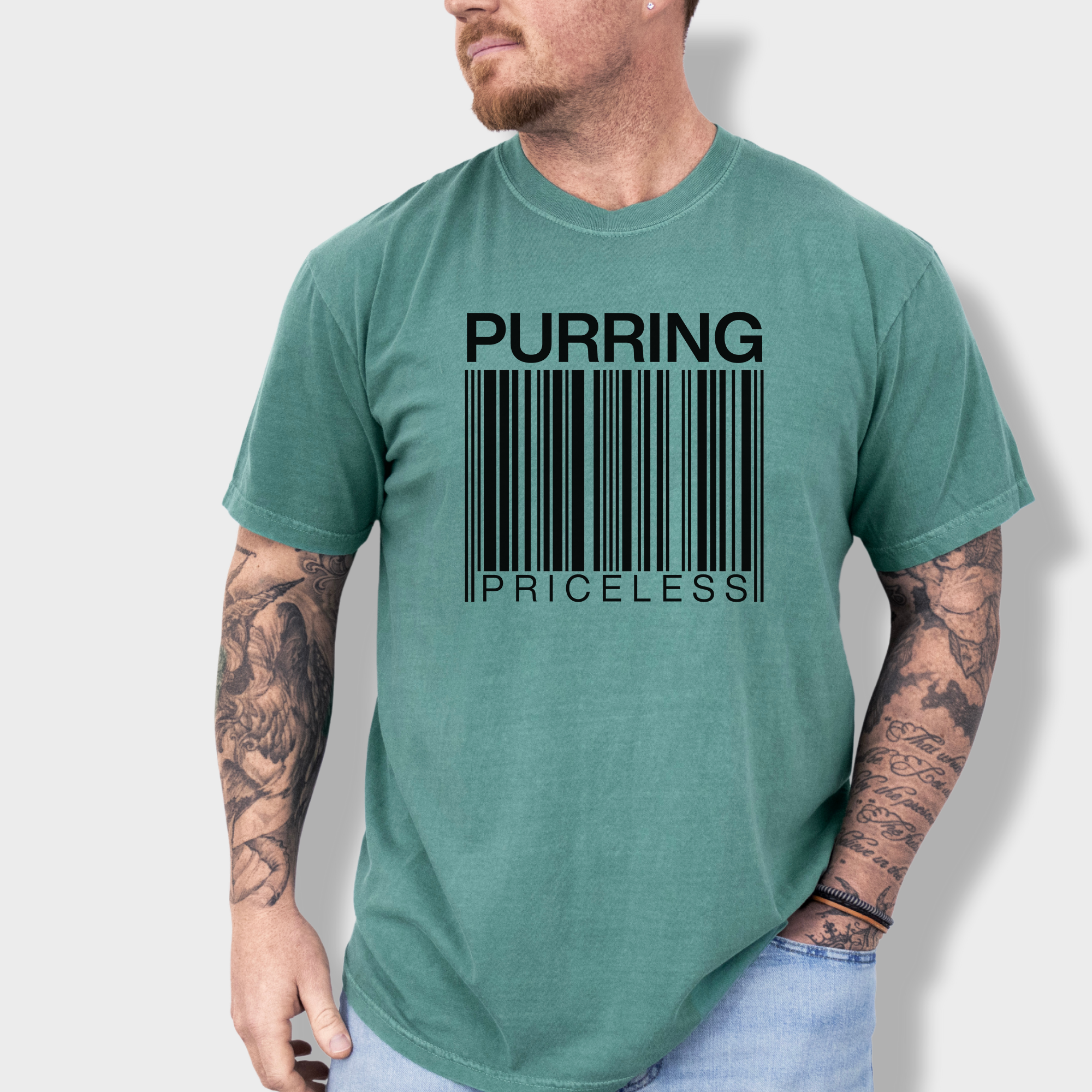 Modern Purring is Priceless Barcode Cat Graphic Comfort Colors T-Shirt in Light Green-Fetch N Found