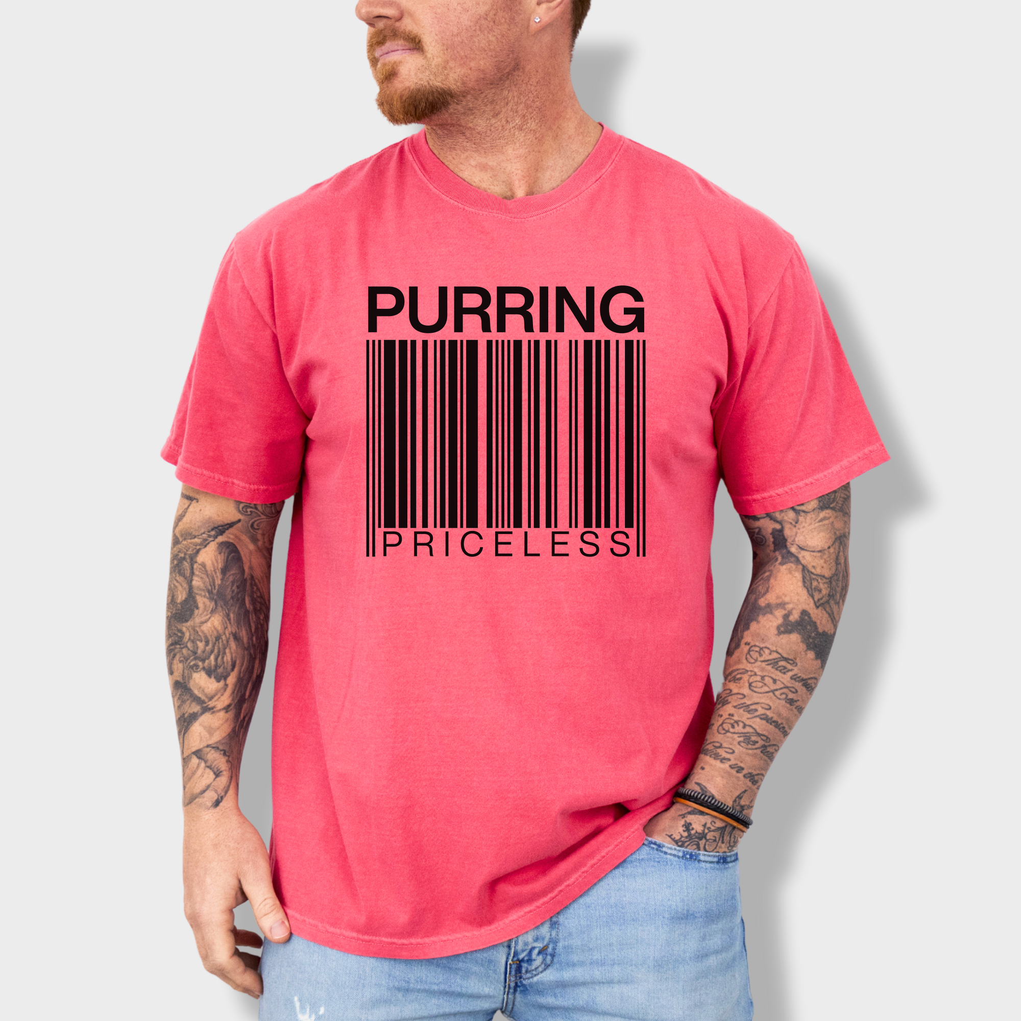 Modern Purring is Priceless Barcode Cat Graphic Comfort Colors T-Shirt in Watermelon-Fetch N Found