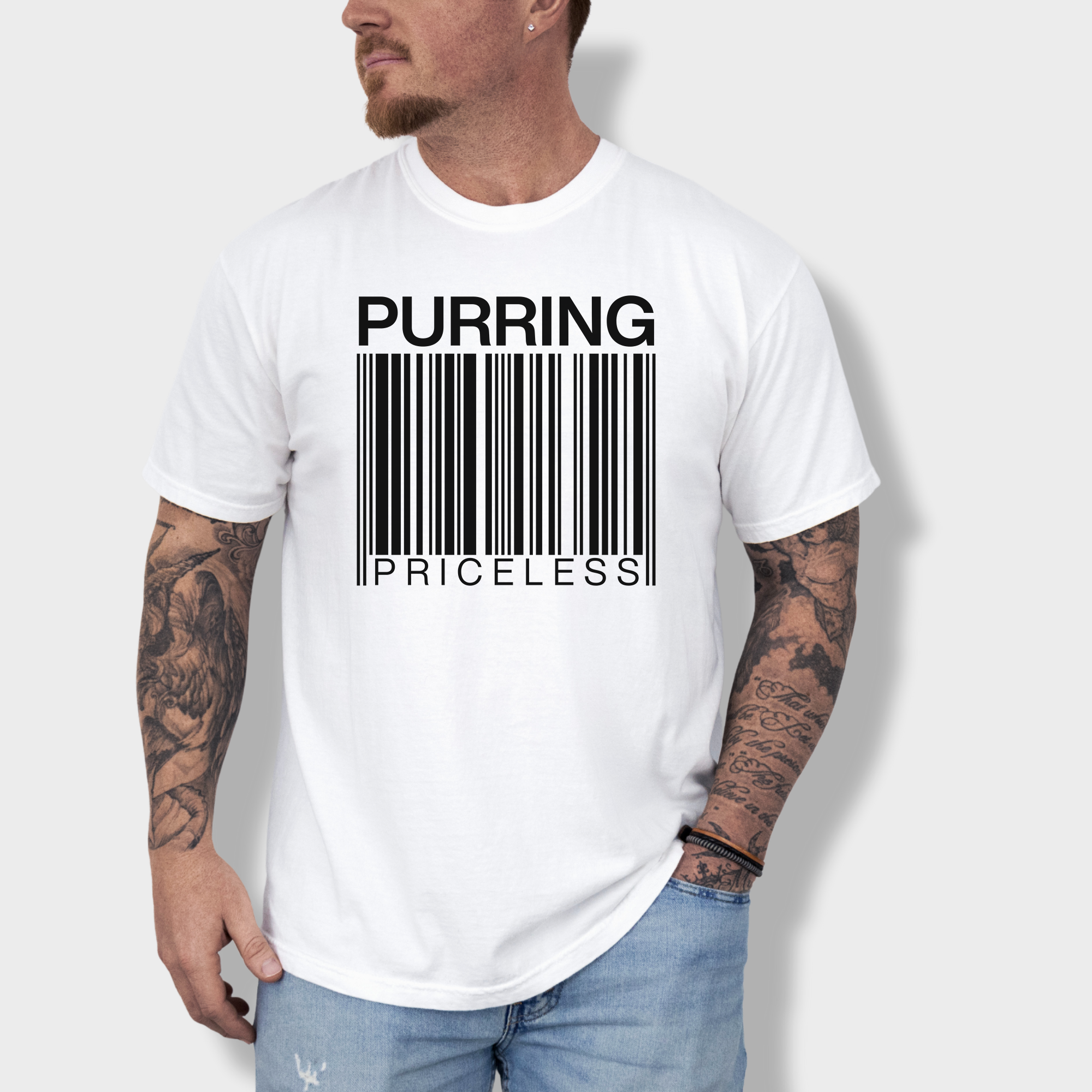 Modern Purring is Priceless Barcode Cat Graphic Comfort Colors T-Shirt in White-Fetch N Found