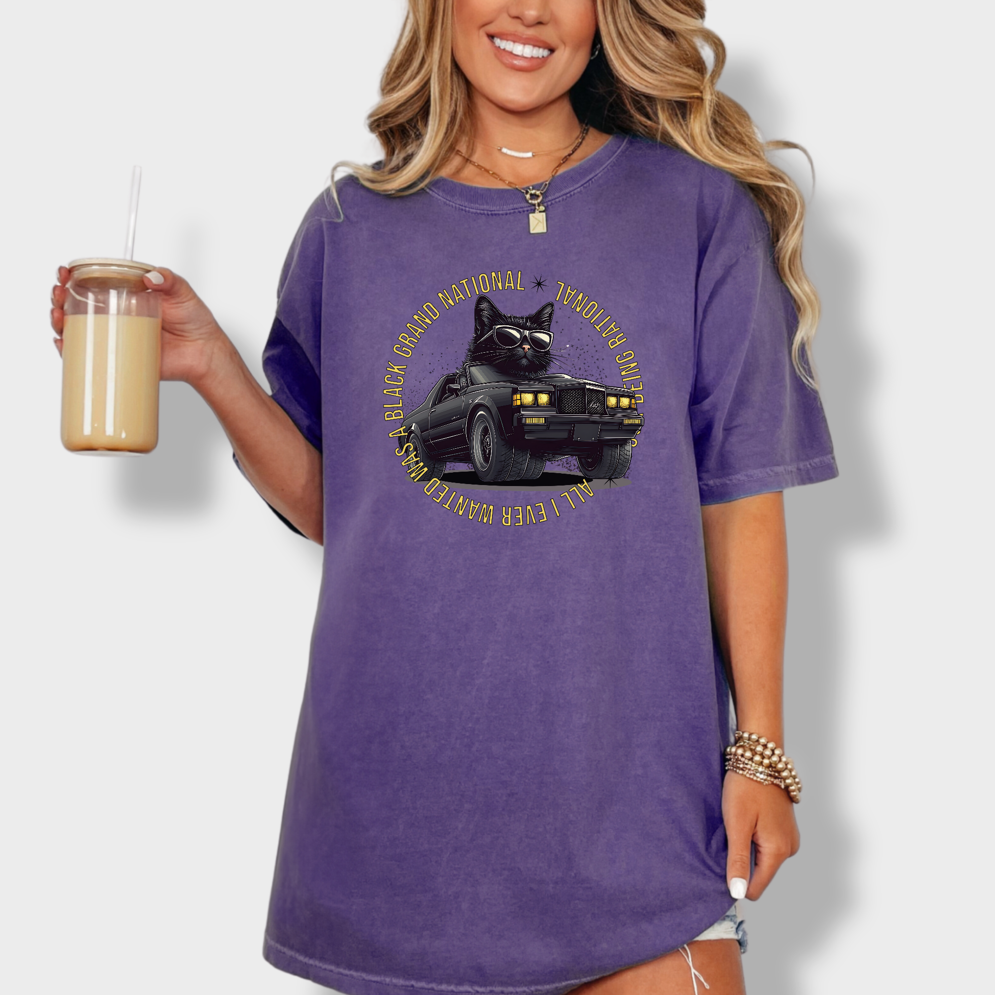 Retro Cute Cat Graphic Black Grand National T-Shirt in Grape