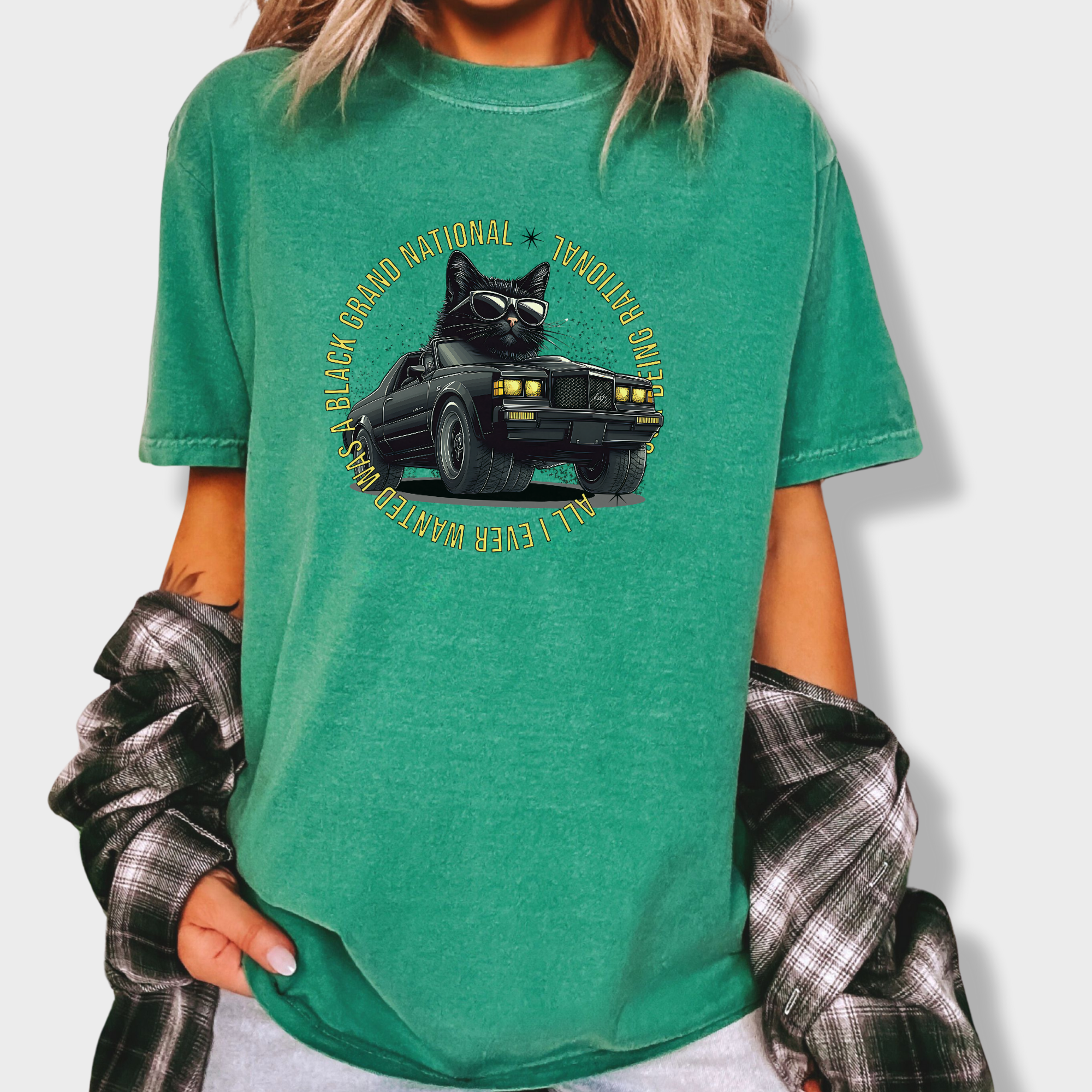 Retro Cute Cat Graphic Black Grand National T-Shirt in Grass