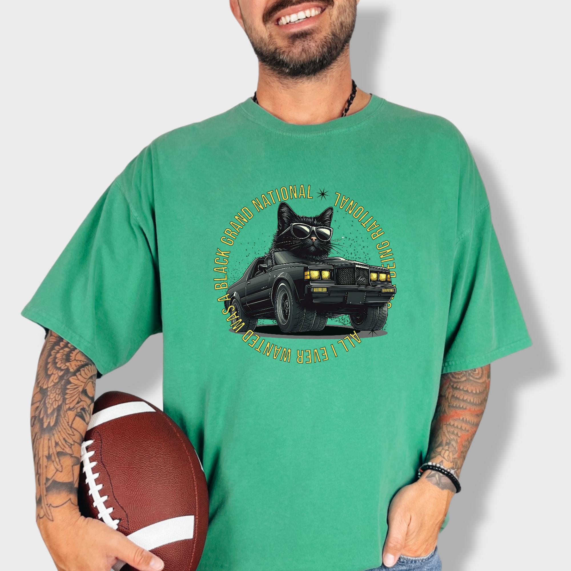 Retro Cute Cat Graphic Black Grand National T-Shirt in Grass