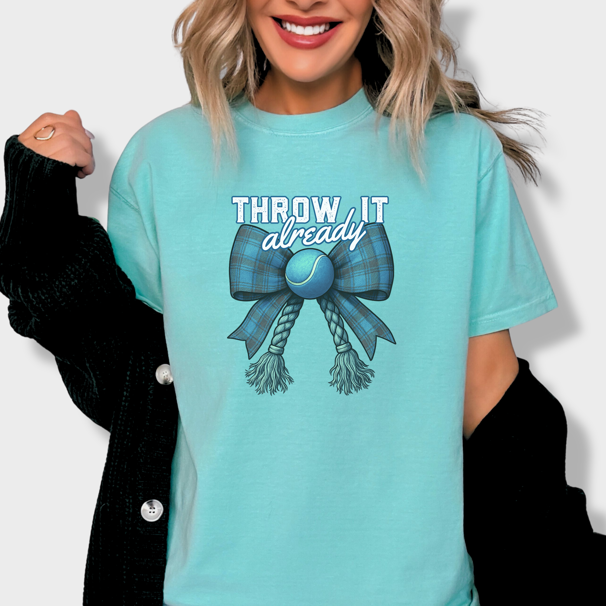 Retro Throw It Already Dog Chew Toy Bow in Blue Dog Bow Comfort Colors T-Shirt in Chalky Mint-Fetch N Found