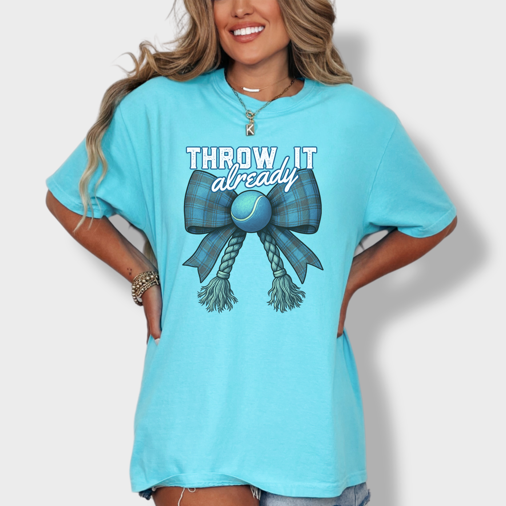 Retro Throw It Already Dog Chew Toy Bow in Blue Dog Bow Comfort Colors T-Shirt in Lagoon Blue-Fetch N Found