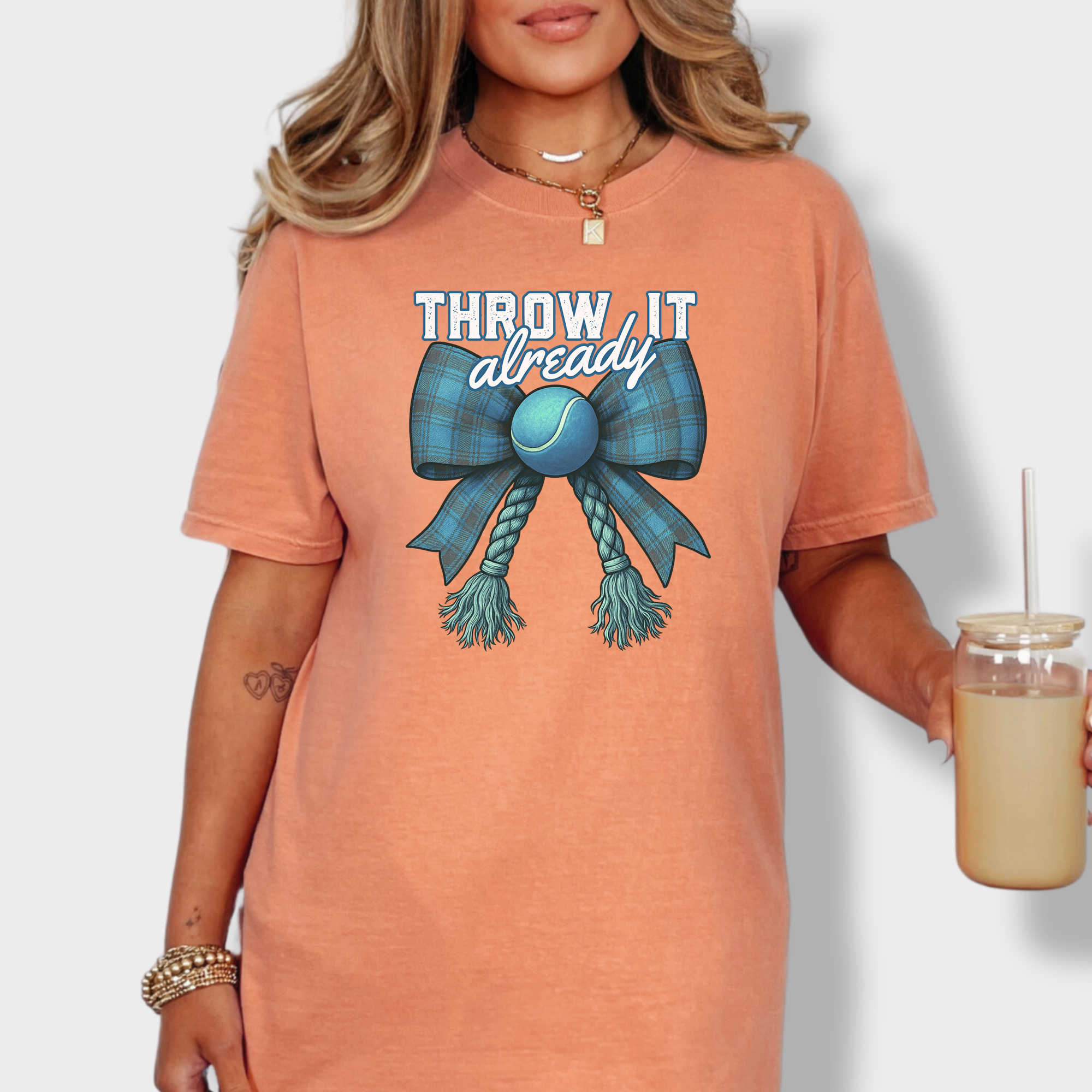 Retro Throw It Already Dog Chew Toy Bow in Blue Dog Bow Comfort Colors T-Shirt in Terracotta-Fetch N Found