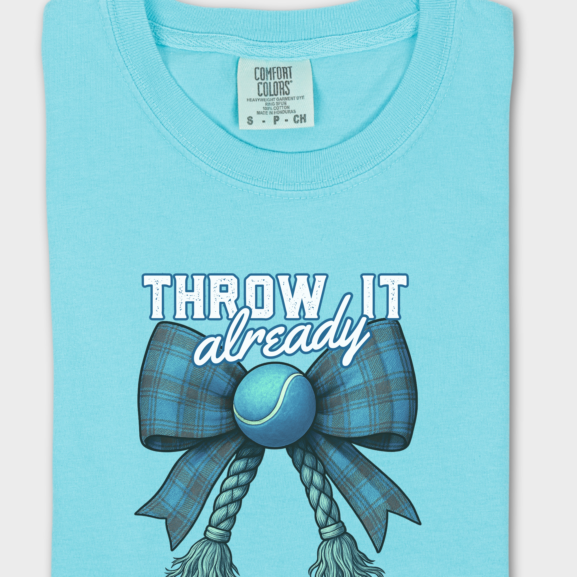 Retro Throw It Already Dog Chew Toy Bow in Blue Dog Bow Comfort Colors T-Shirt in Lagoon Blue-Fetch N Found
