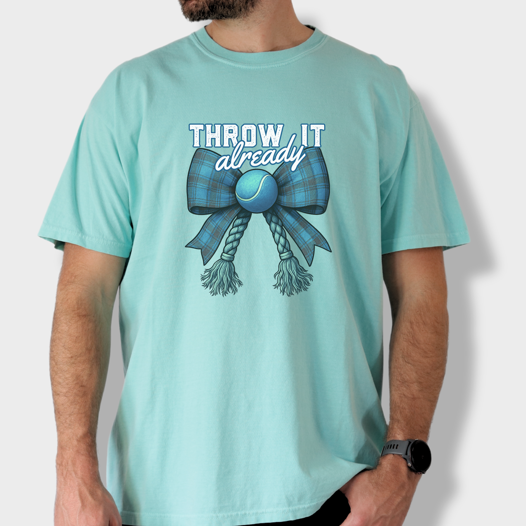 Retro Throw It Already Dog Chew Toy Bow in Blue Dog Bow Comfort Colors T-Shirt in Chalky Mint-Fetch N Found