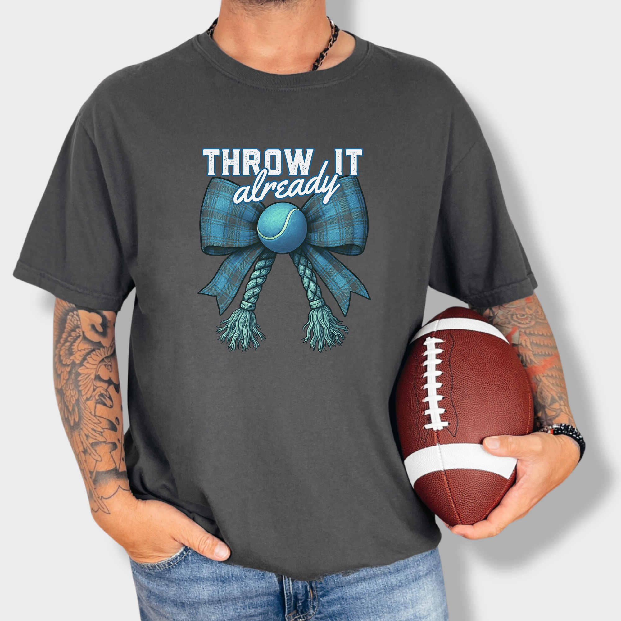 Retro Throw It Already Dog Chew Toy Bow in Blue Dog Bow Comfort Colors T-Shirt in Graphite-Fetch N Found