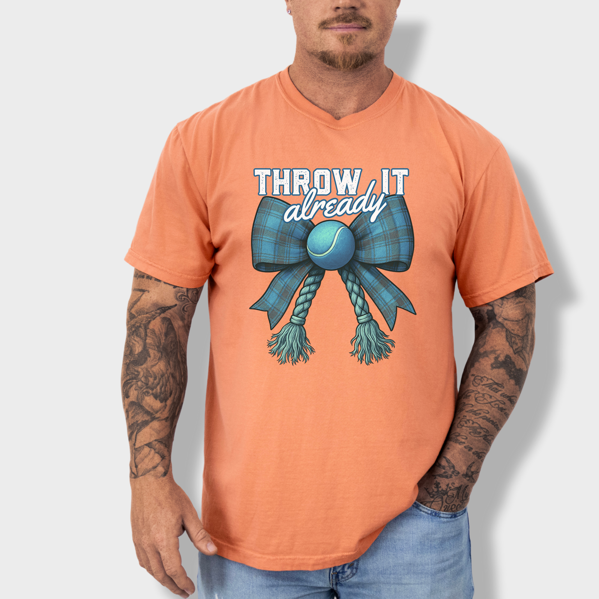 Retro Throw It Already Dog Chew Toy Bow in Blue Dog Bow Comfort Colors T-Shirt in Terracotta-Fetch N Found