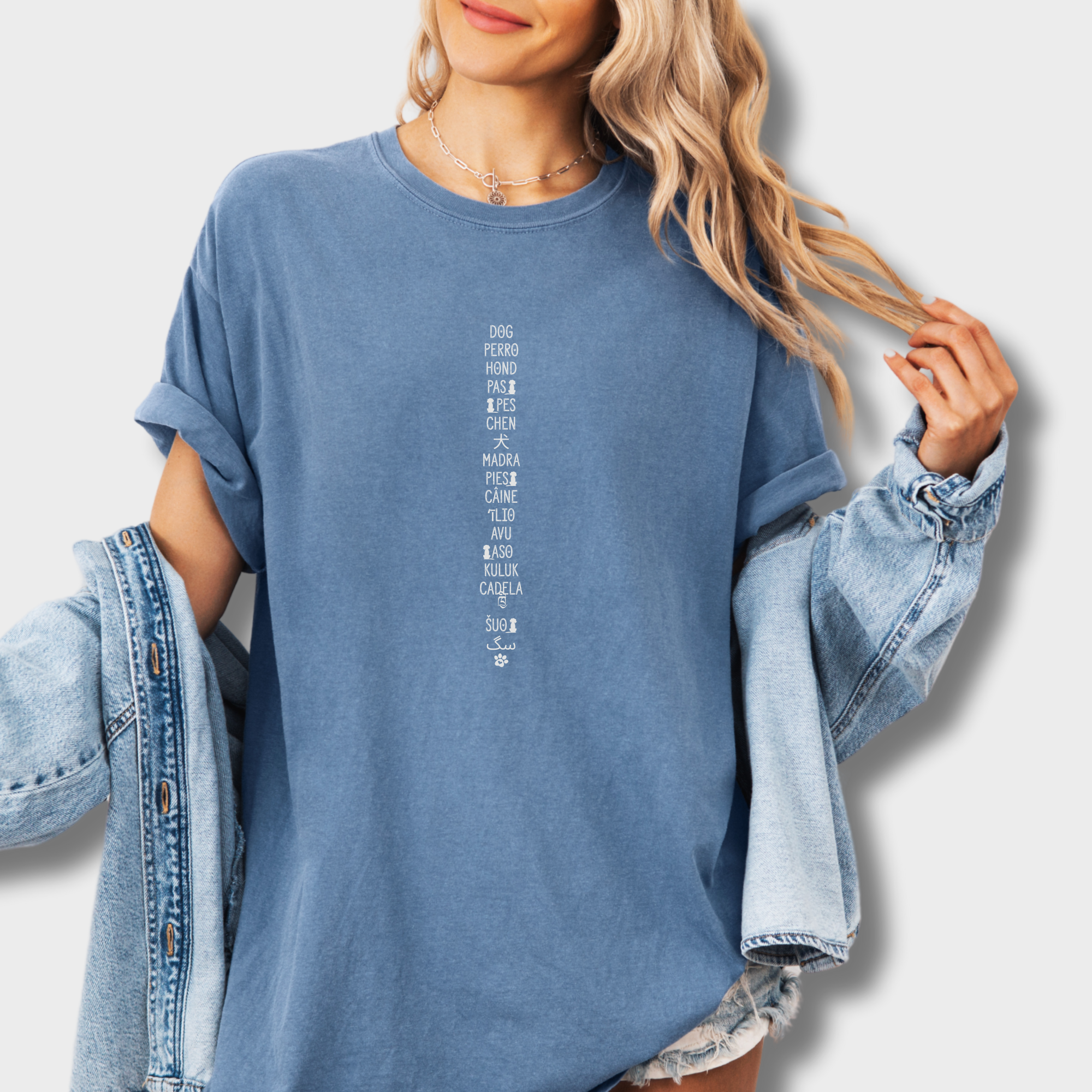 Minimalist DOG In Many Languages DogText Comfort Colors T-Shirt in Blue Jean