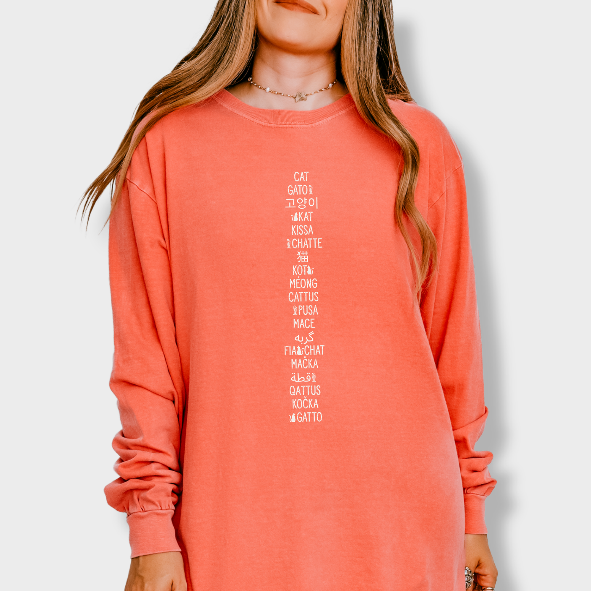 Minimalist CAT In Many Languages Cat Text Comfort Colors Long Sleeve T-Shirt in Bright Salmon