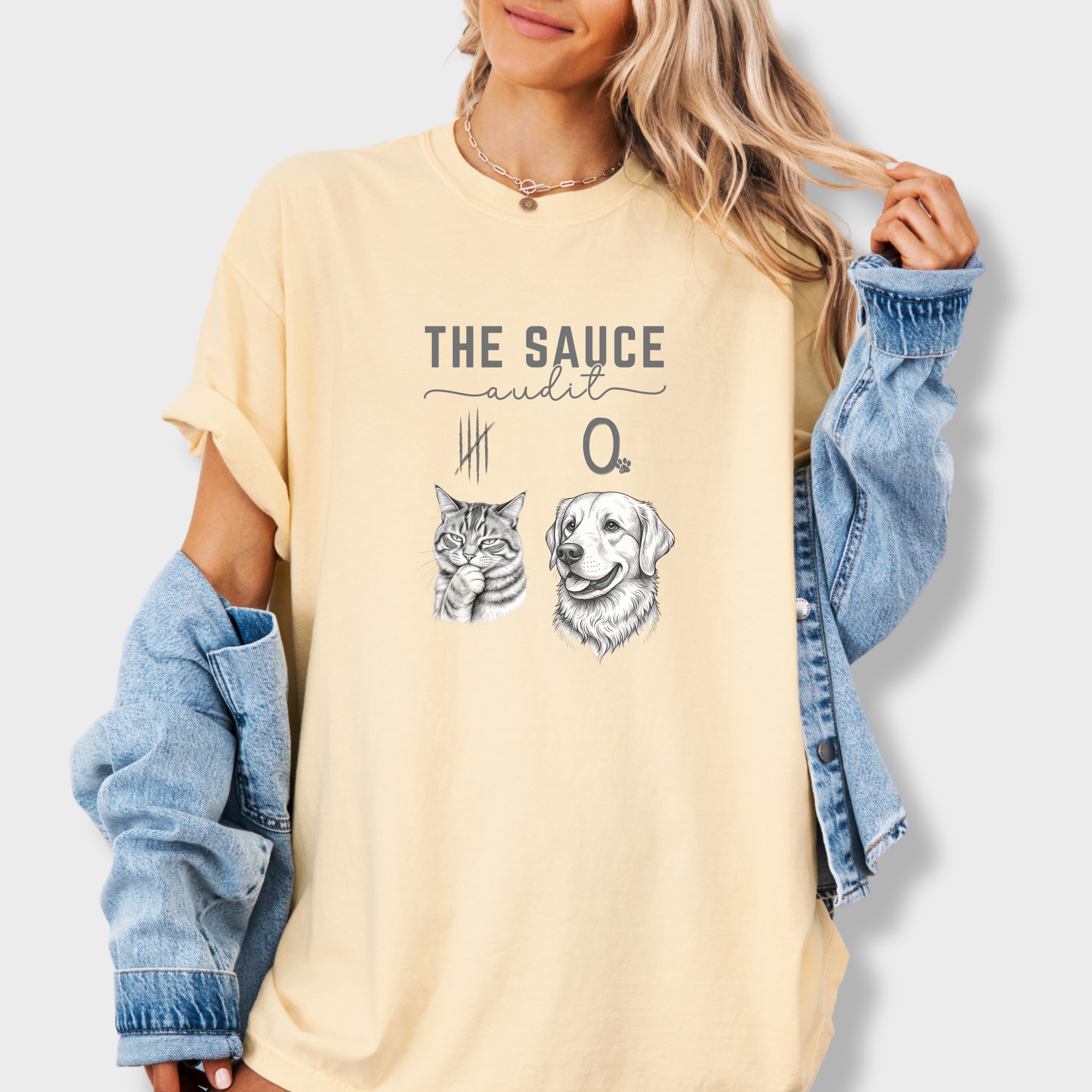 Line Art Who Gives the Sauce Cat v Dog Sauce Audit dog Graphic Comfort Colors T-Shirt in Butter-T-Shirt-Fetch N Found