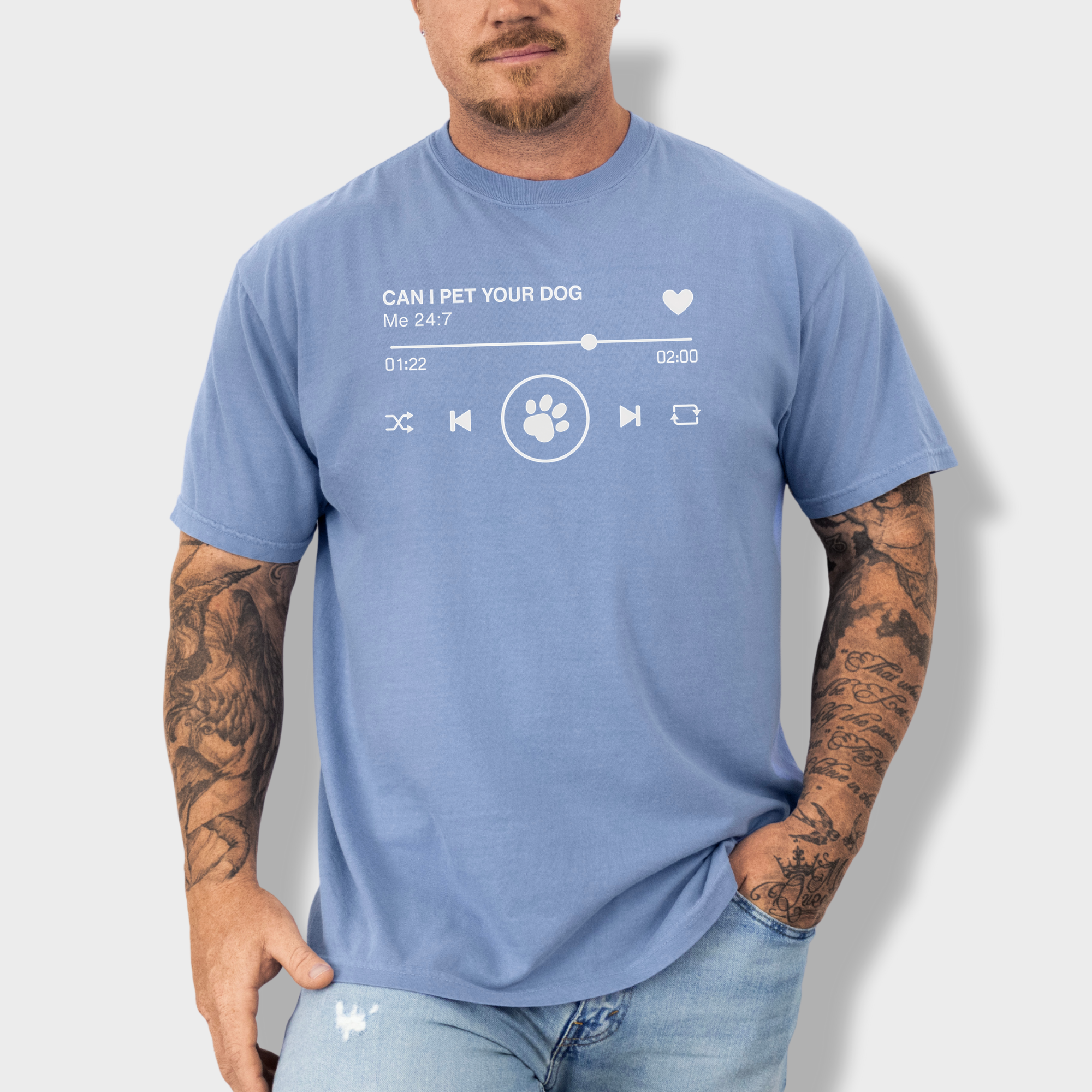 Minimalist Can I Pet Your Dog Digital Player Dog Graphic Comfort Colors T-Shirt in Washed Denim-T-Shirt-Washed Denim-Fetch N Found