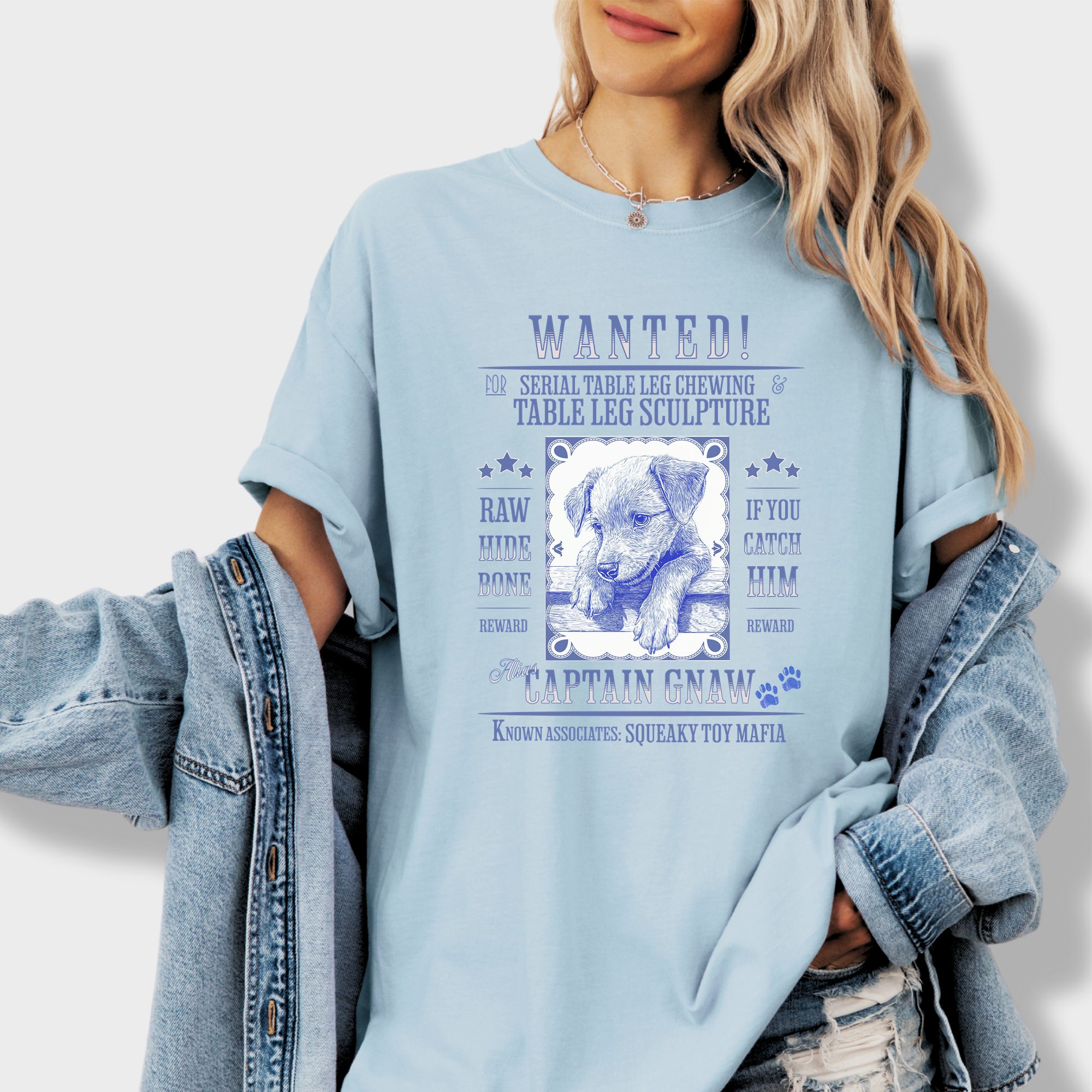 Unique dog-themed T-shirt featuring a vintage wanted poster of a guilty puppy, perfect for dog lovers with a sense of humor.
