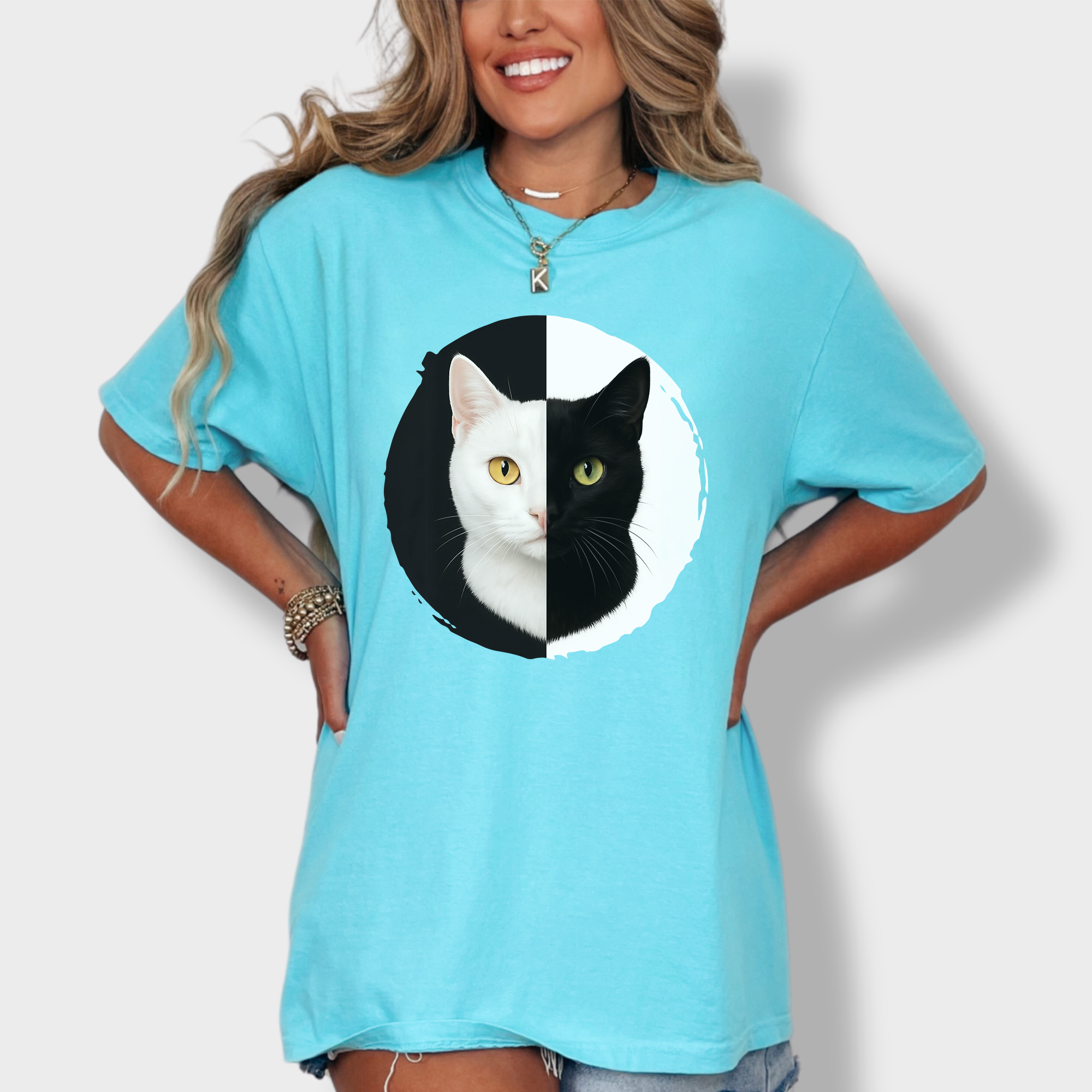 Retro Black and White Cat Head Cat Graphic Comfort Colors T-Shirt in Lagoon Blue-Fetch N Found