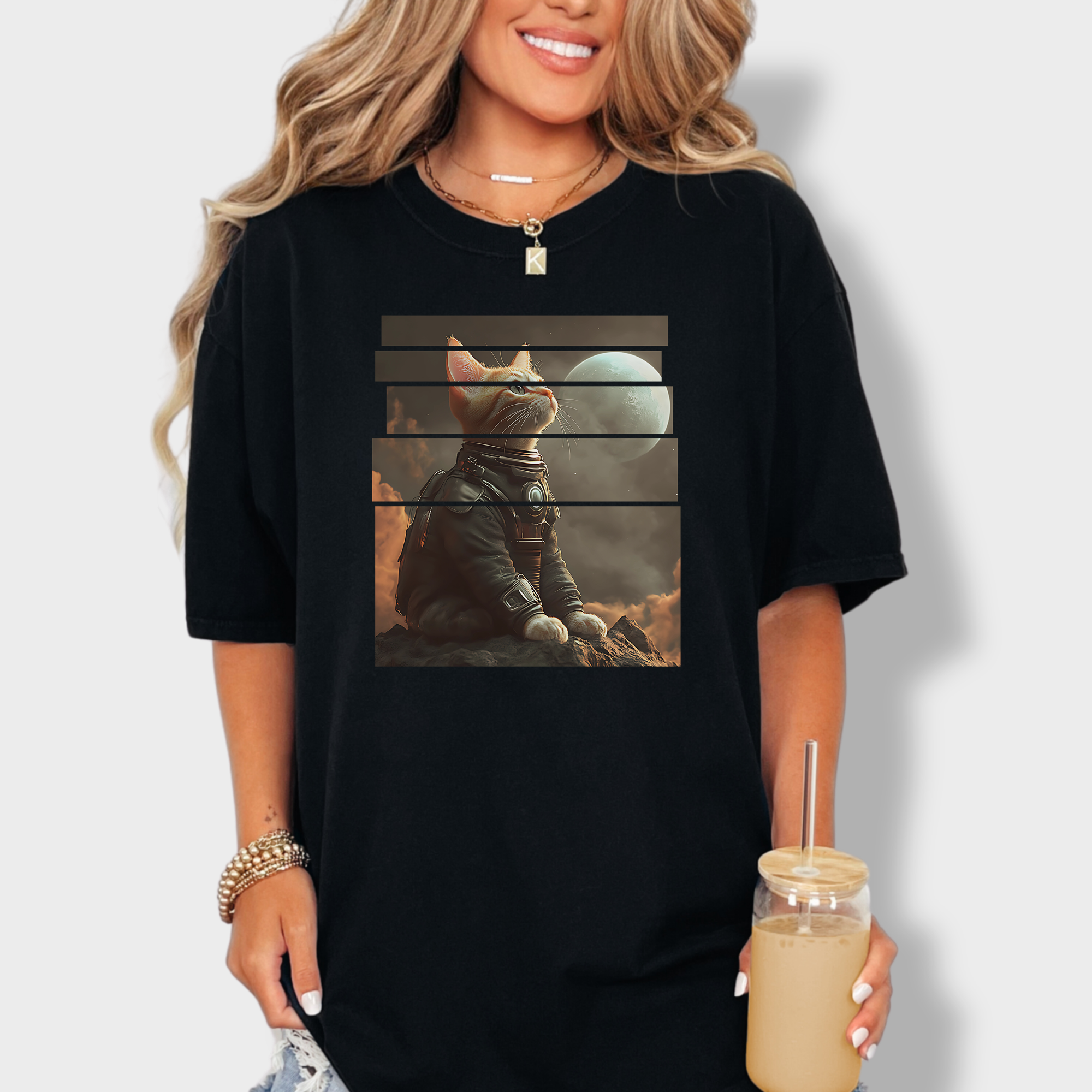 Vintage Cute Cat In Space Graphic T-Shirt in Black
