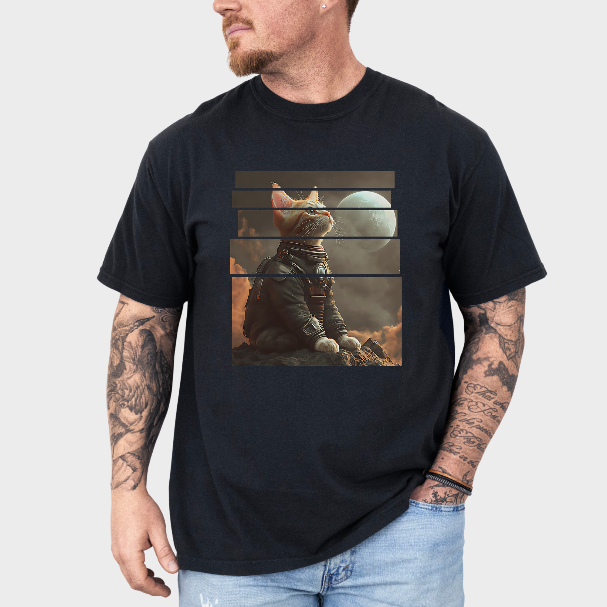 Vintage Cute Cat In Space Graphic T-Shirt in Black