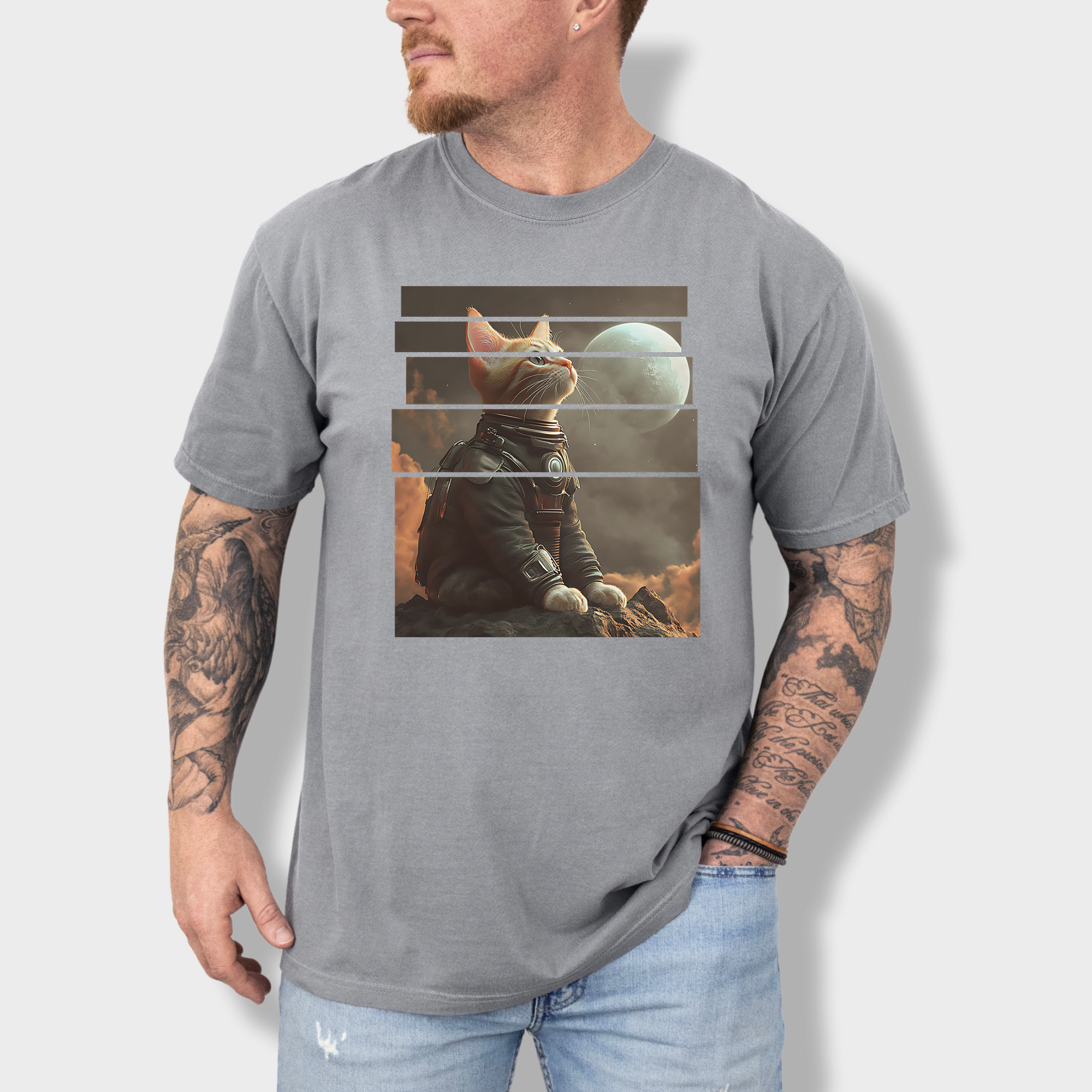 Vintage Cute Cat In Space Graphic T-Shirt in Grey