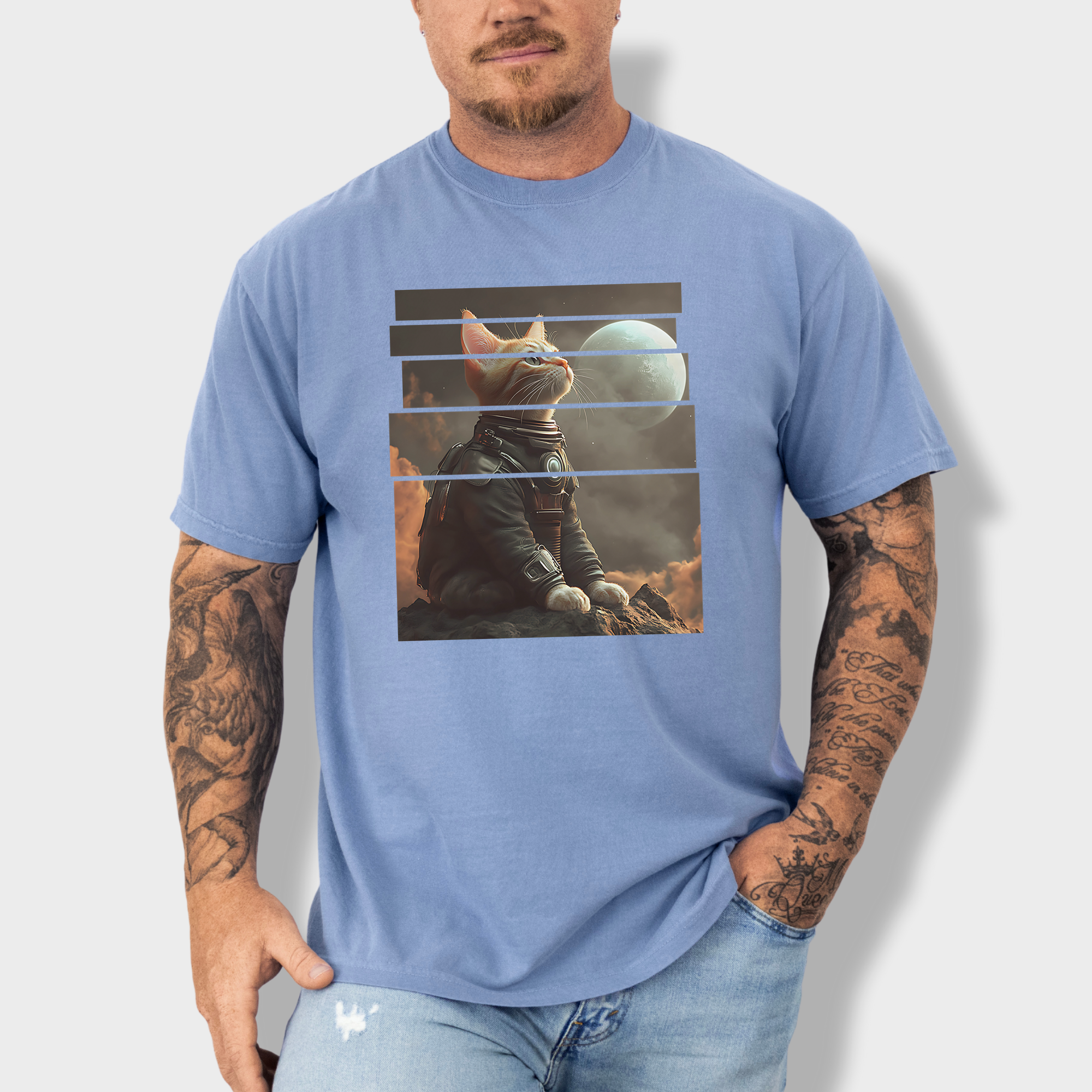 Vintage Cute Cat In Space Graphic T-Shirt in Washed Denim