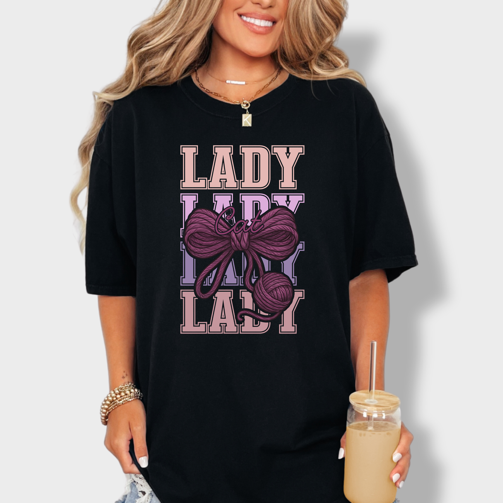 Retro Cat LADY Yarn Bow Cat Bow Comfort Colors T-Shirt in Black-Fetch N Found
