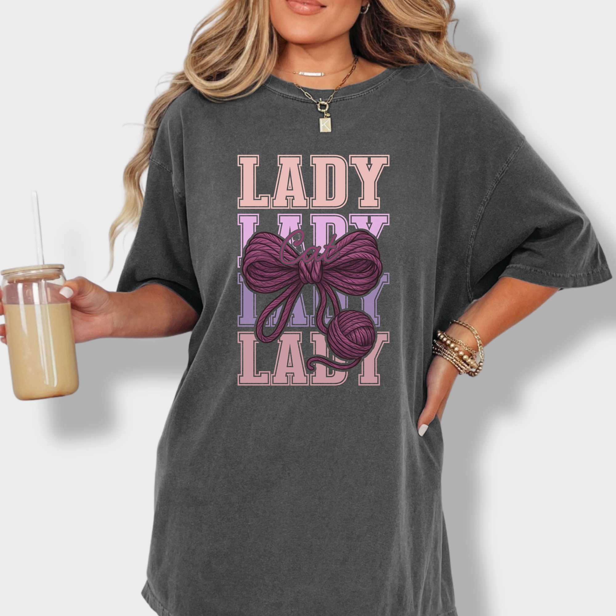 Retro Cat LADY Yarn Bow Cat Bow Comfort Colors T-Shirt in Pepper-Fetch N Found