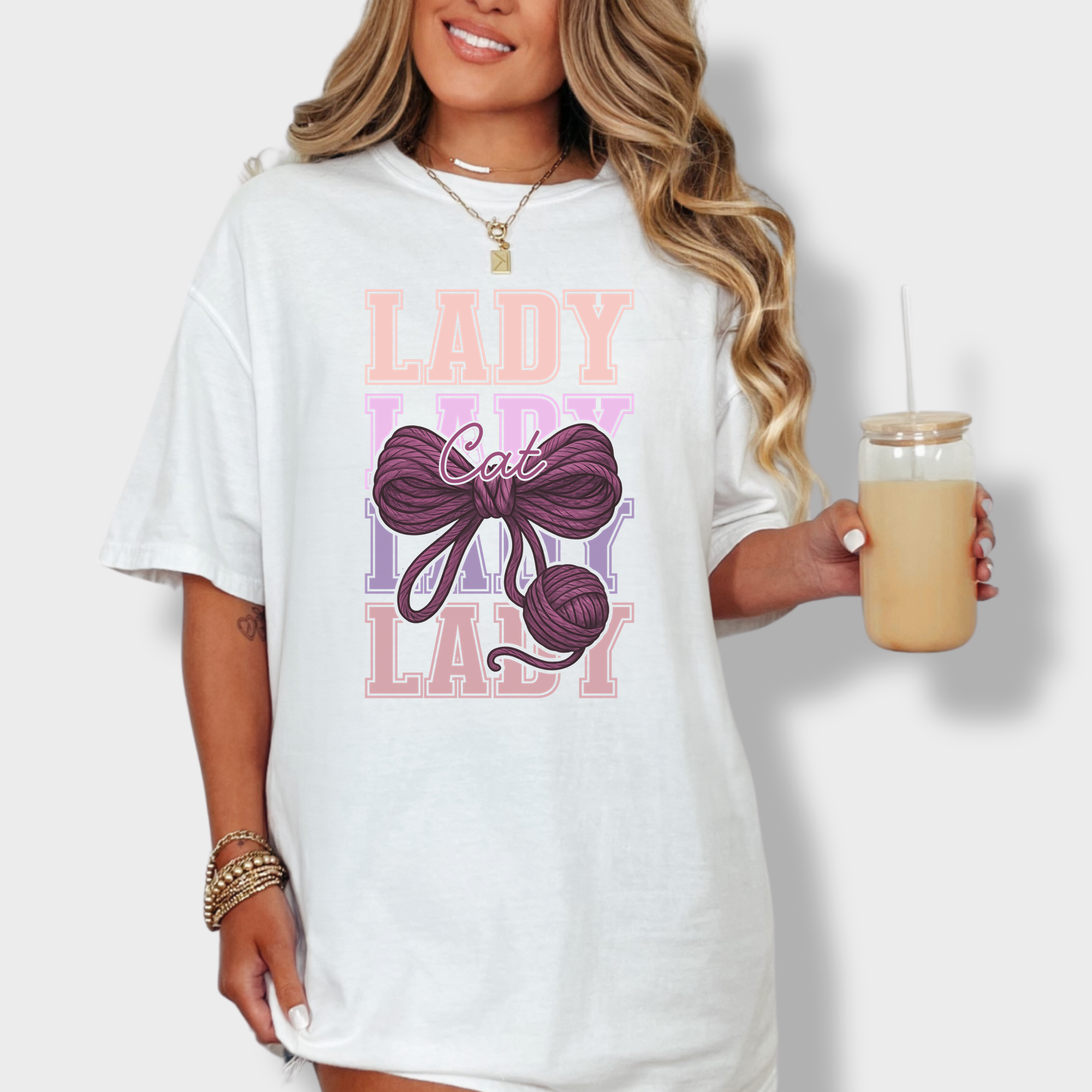 Retro Cat LADY Yarn Bow Cat Bow Comfort Colors T-Shirt in White-Fetch N Found