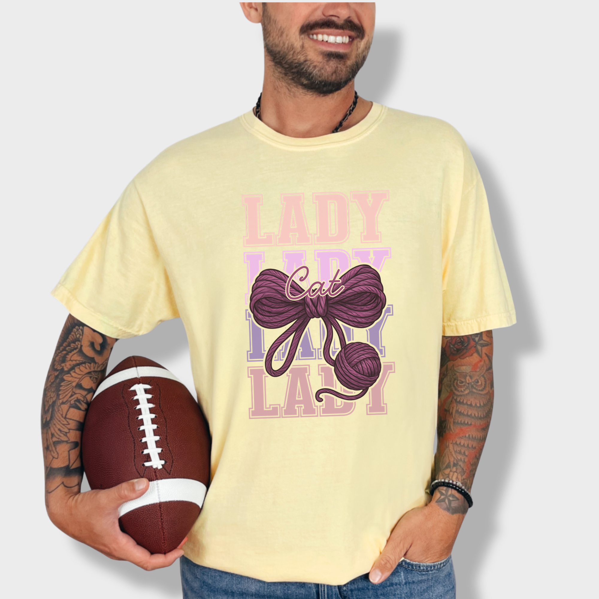 Retro Cat LADY Yarn Bow Cat Bow Comfort Colors T-Shirt in Butter-Fetch N Found