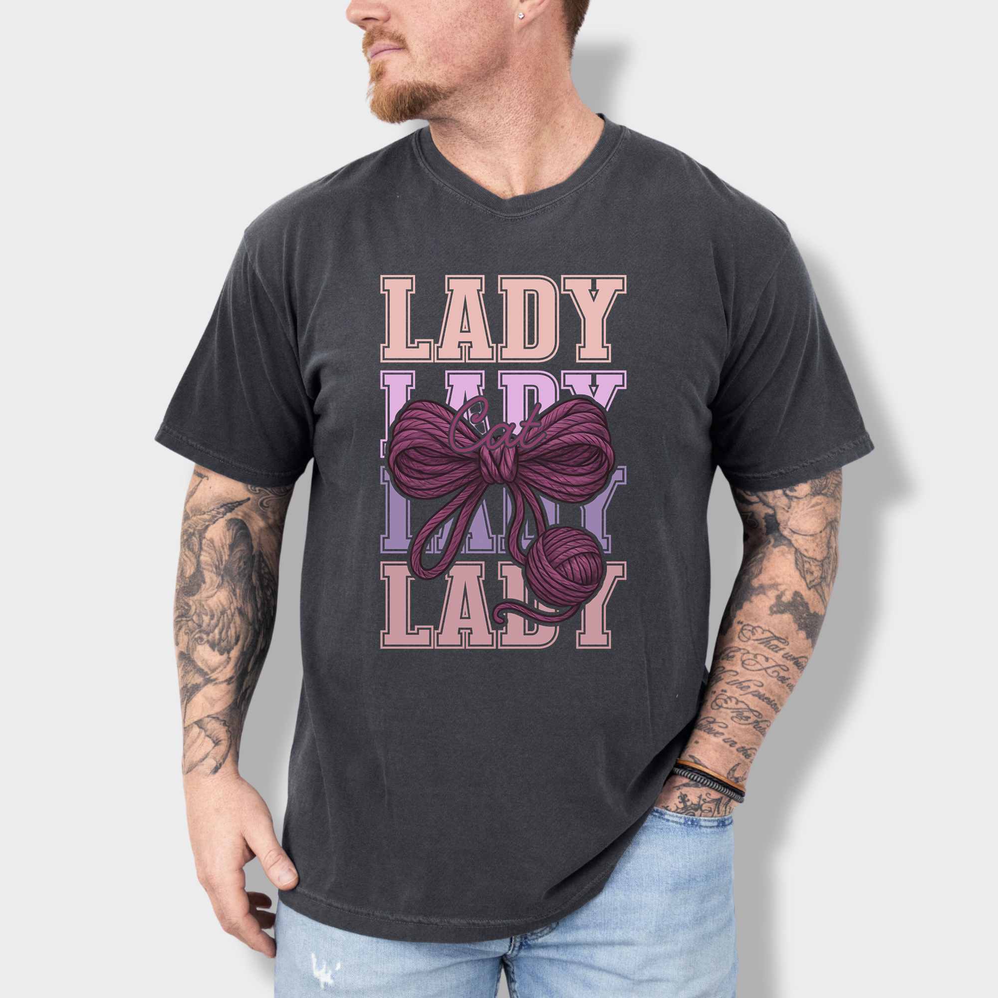 Retro Cat LADY Yarn Bow Cat Bow Comfort Colors T-Shirt in Pepper-Fetch N Found