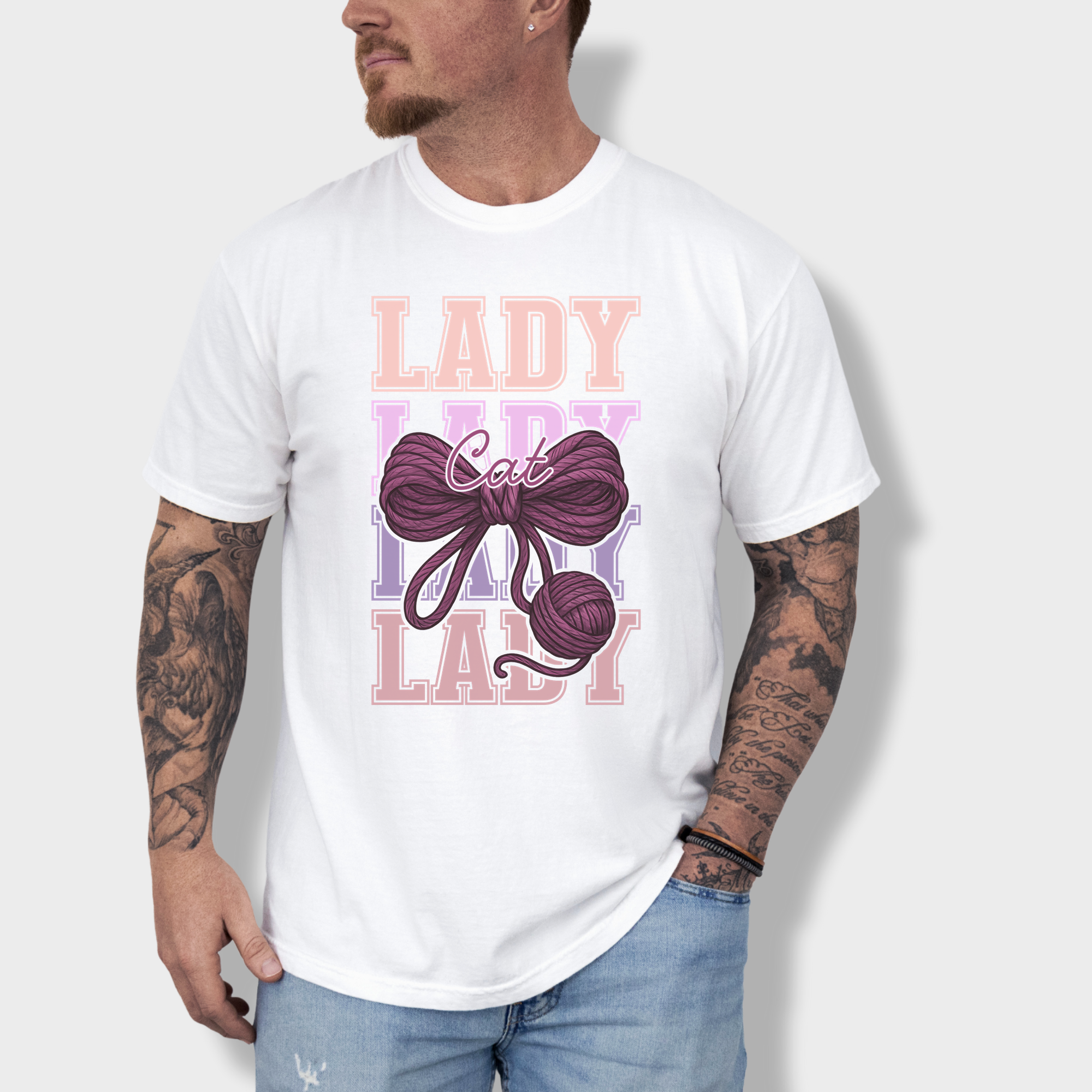 Retro Cat LADY Yarn Bow Cat Bow Comfort Colors T-Shirt in White-Fetch N Found