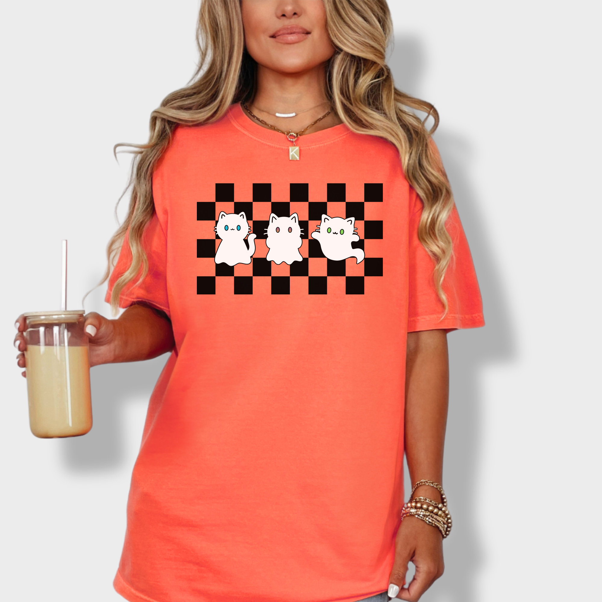 Minimalist Friendly Cat Ghosts Cat Graphic Comfort Colors T-Shirt in Bright Salmon-T-Shirt-Bright Salmon-Fetch N Found