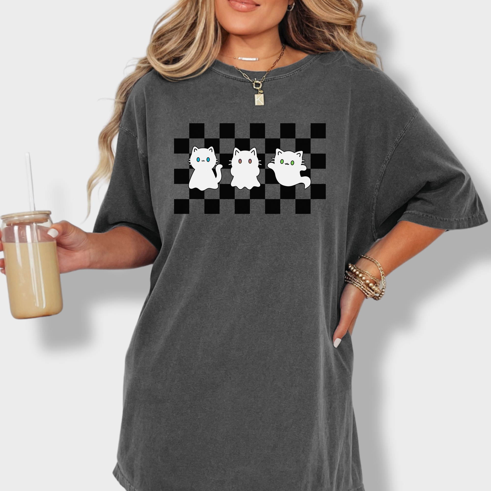 Minimalist Friendly Cat Ghosts Cat Graphic Comfort Colors T-Shirt in Pepper-T-Shirt-Pepper-Fetch N Found