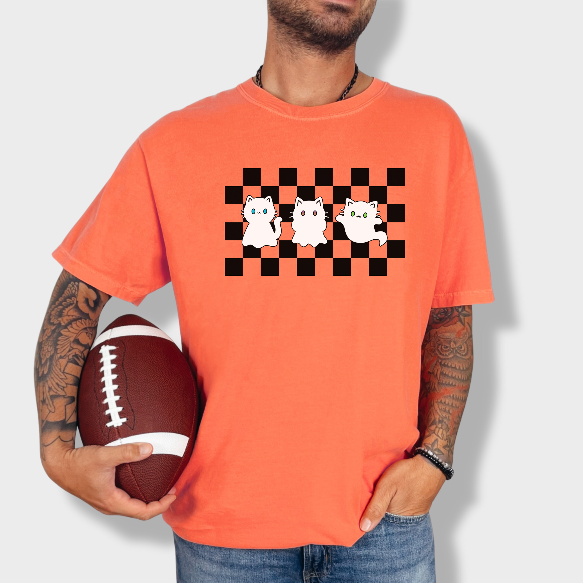 Minimalist Friendly Cat Ghosts Cat Graphic Comfort Colors T-Shirt in Bright Salmon-T-Shirt-Bright Salmon-Fetch N Found