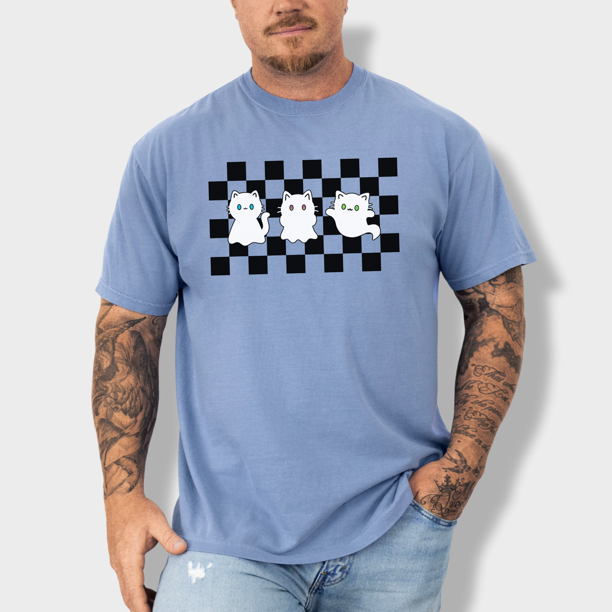 Minimalist Friendly Cat Ghosts Cat Graphic Comfort Colors T-Shirt in Washed Denim-T-Shirt-Washed Denim-Fetch N Found