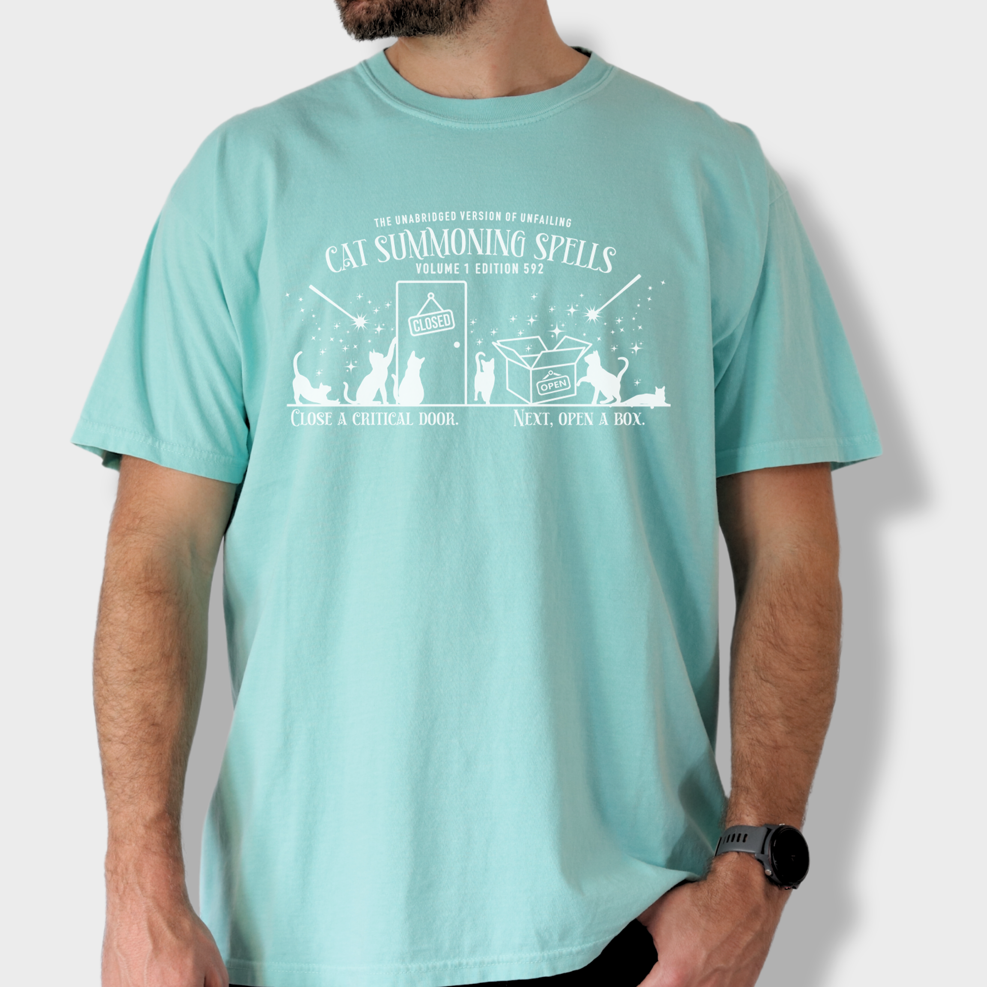 Whimsical minimalist cat lover's T-shirt featuring a spellbook titled 'Cat Summoning Spells' and magical wands attracting cats.