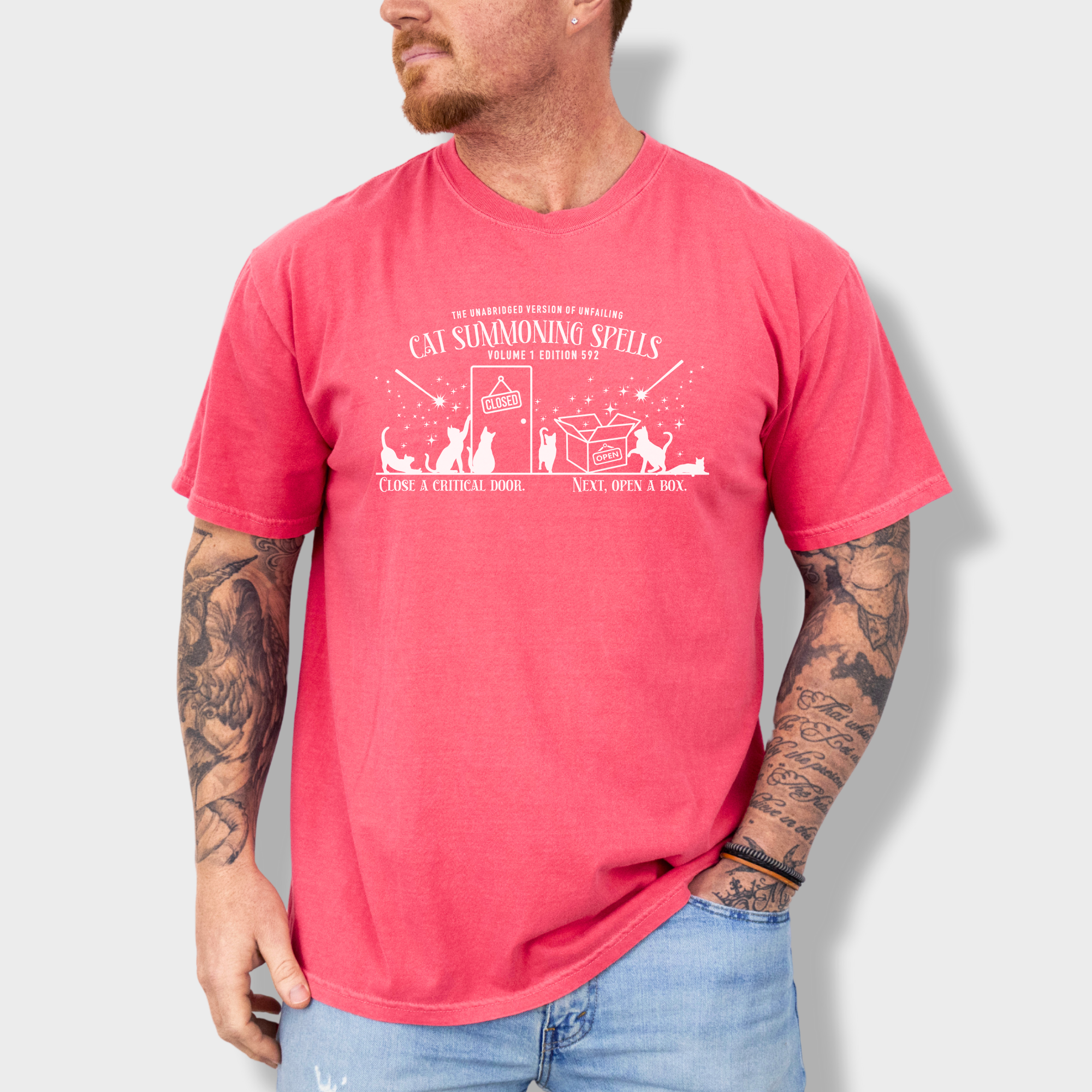 Whimsical minimalist cat lover's T-shirt featuring a spellbook titled 'Cat Summoning Spells' and magical wands attracting cats.