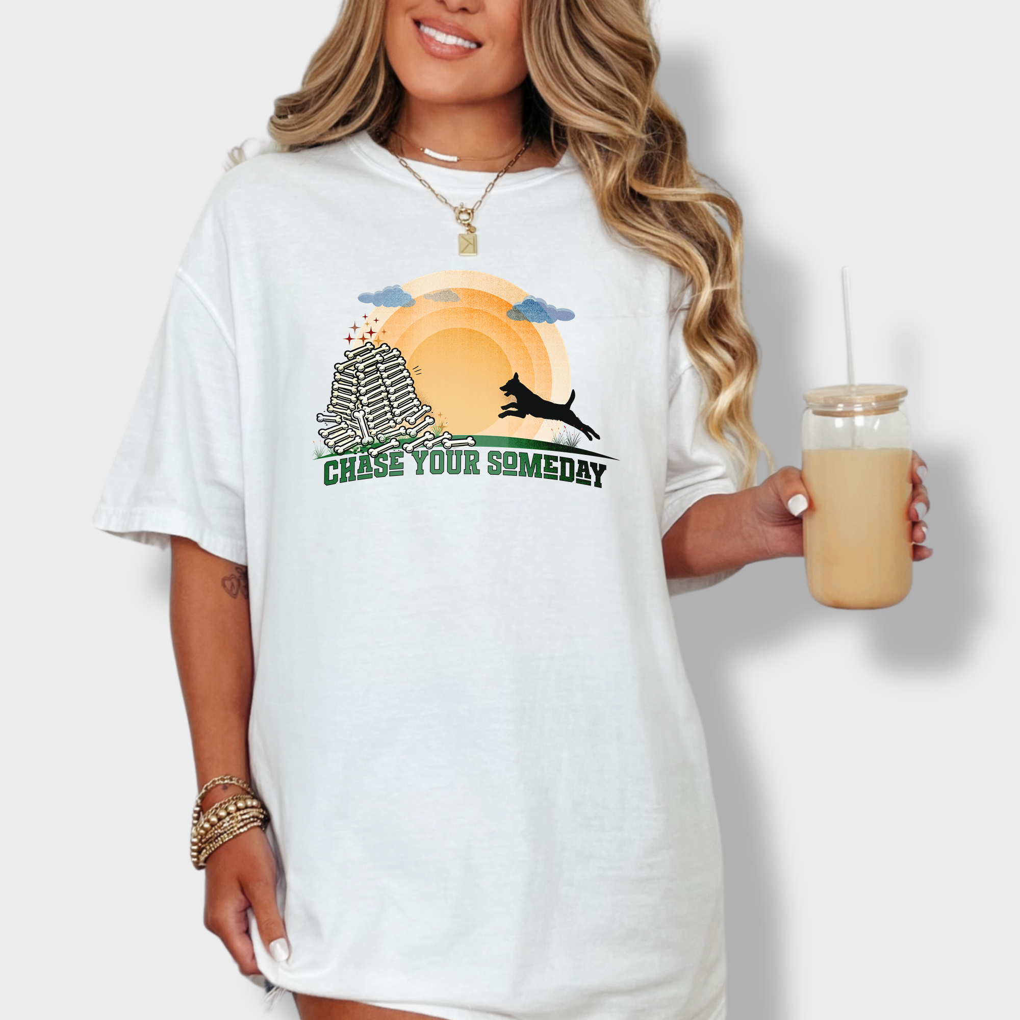 Unique inspirational dog lover’s T-shirt with a bold retro design of a dog in motion, chasing dreams and bones.