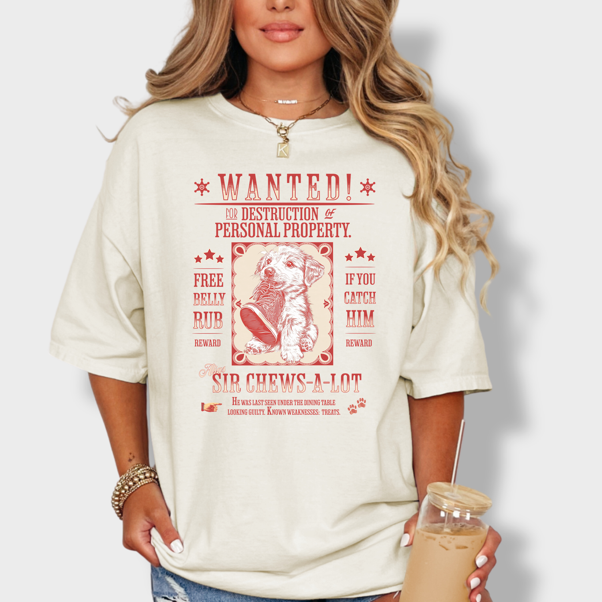 Funny retro-style graphic tee with an old-school wanted sign displaying an adorable shoe-chewing dog.