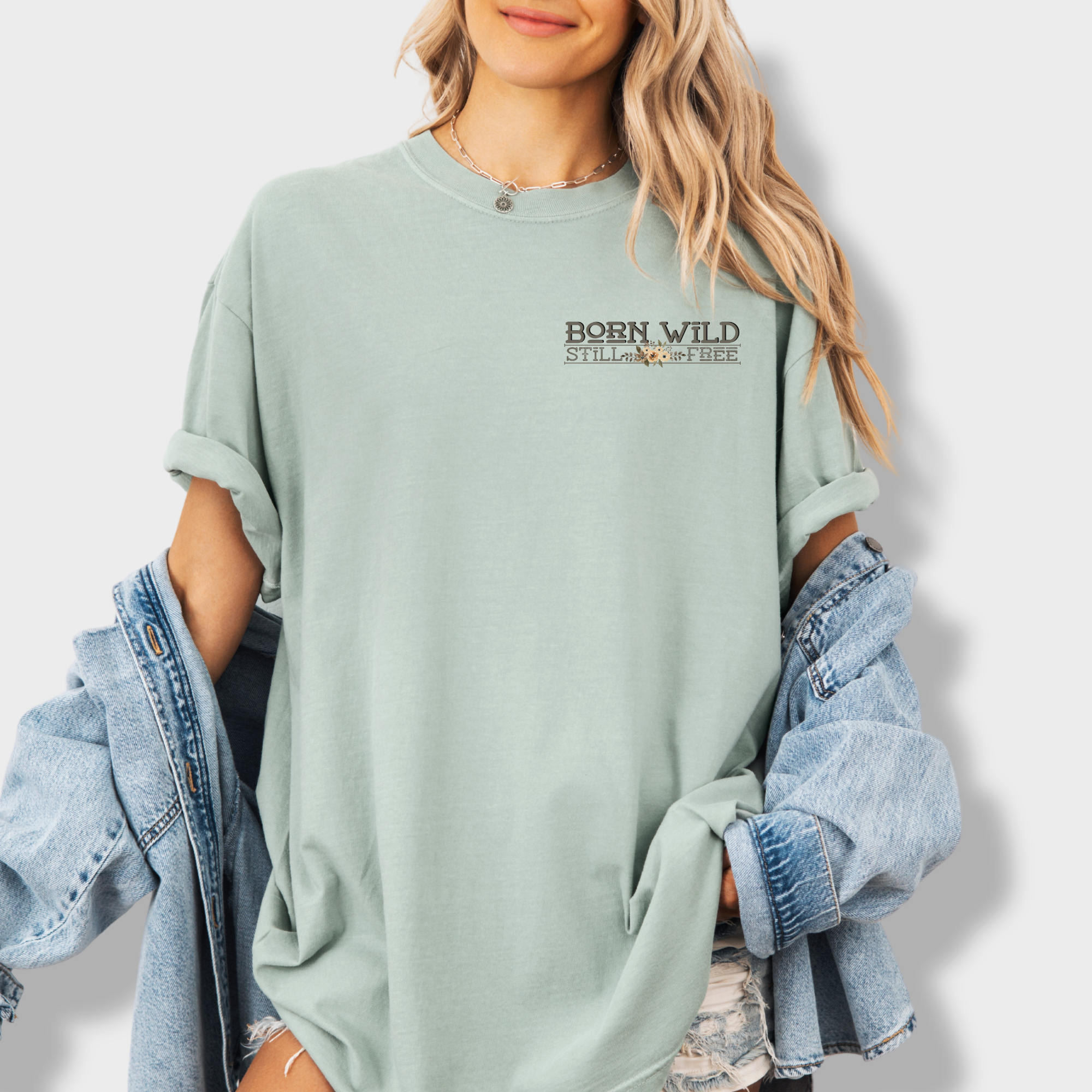 Western Born Wild Still Free Gritty Kitty Cowboy Cat Line Art Comfort Colors T-Shirt in Bay