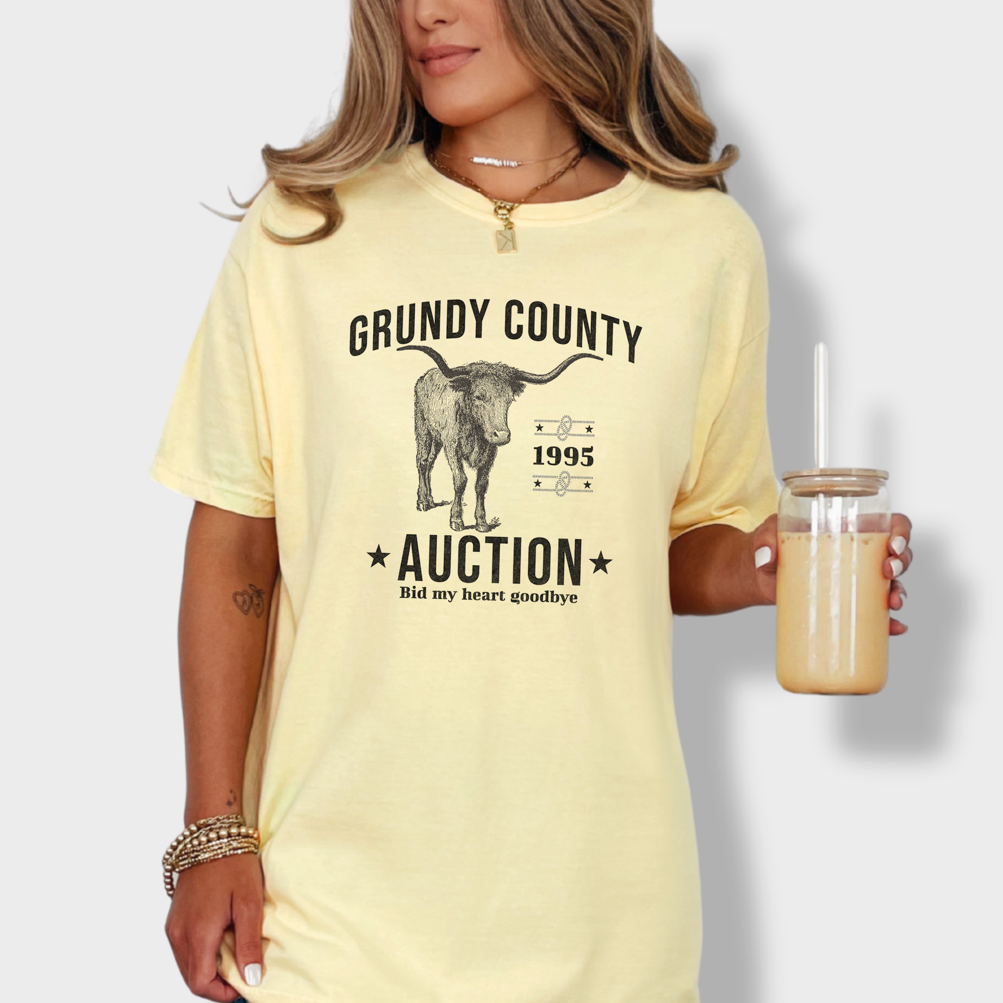 Western Grundy County Auction Animal Line Art Comfort Colors T-Shirt in Butter-Fetch N Found
