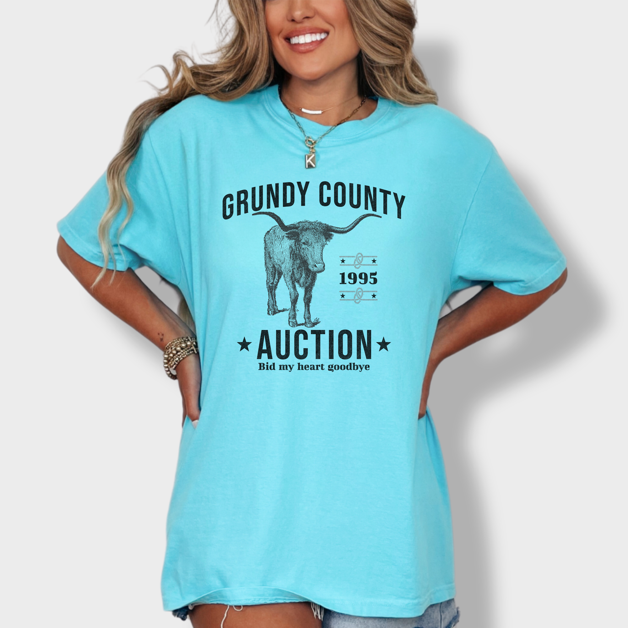 Western Grundy County Auction Animal Line Art Comfort Colors T-Shirt in Lagoon Blue-Fetch N Found