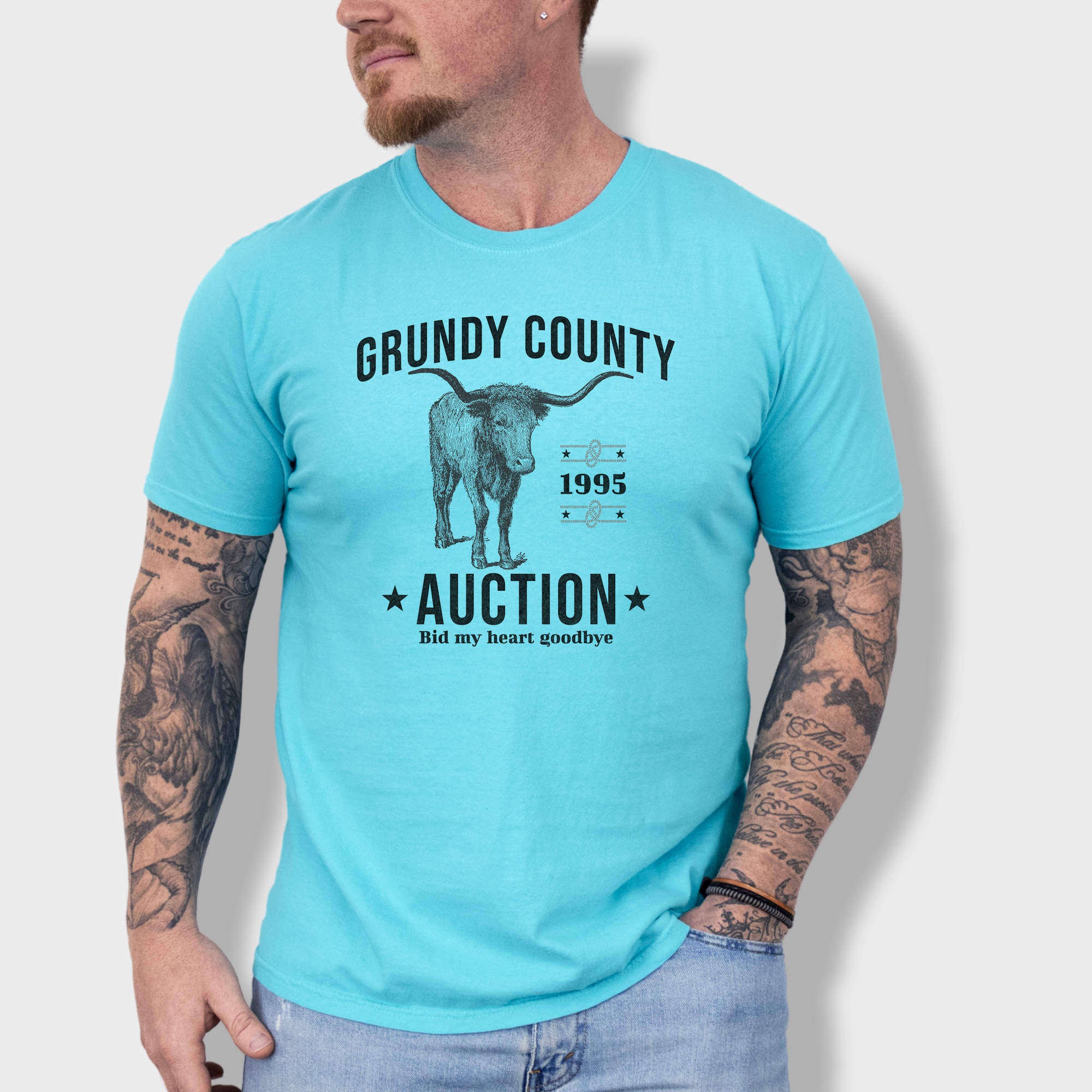Western Grundy County Auction Animal Line Art Comfort Colors T-Shirt in Lagoon Blue-Fetch N Found