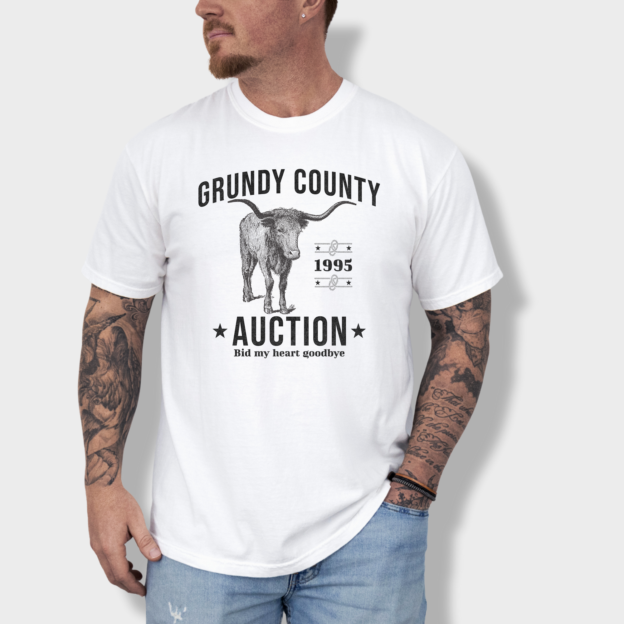 Western Grundy County Auction Animal Line Art Comfort Colors T-Shirt in White-Fetch N Found